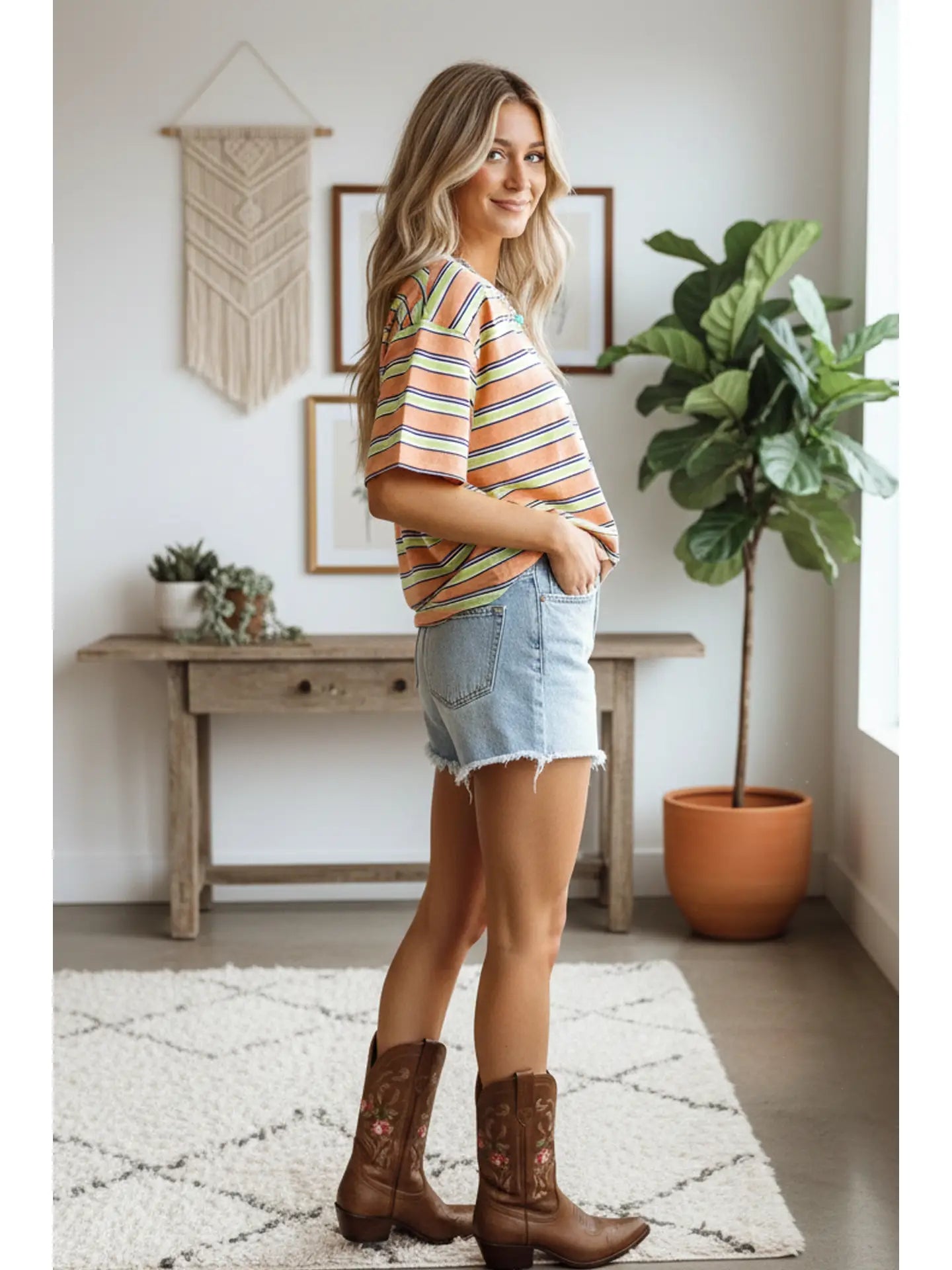 Apricot Combo Striped Relaxed Fit Tee