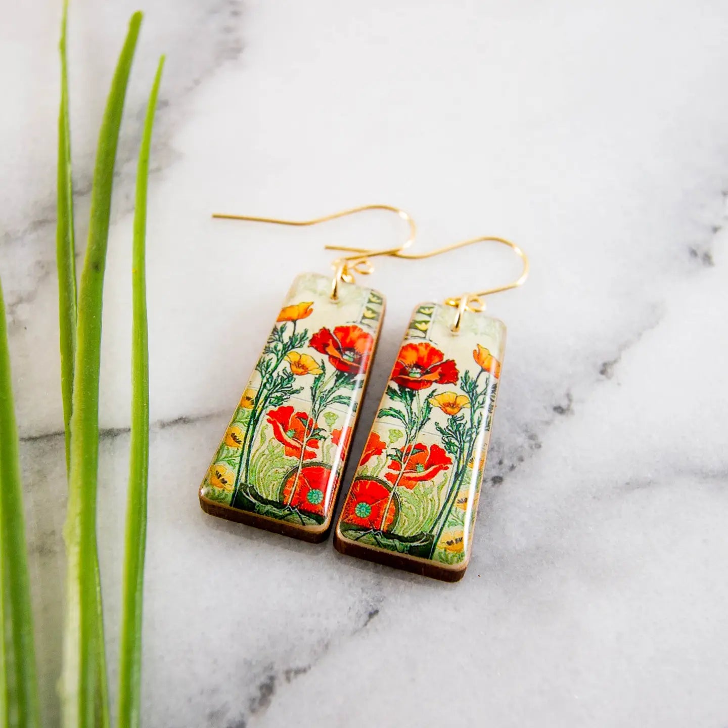 Art Nouveau Poppy Garden Tapered Rectangle Earrings