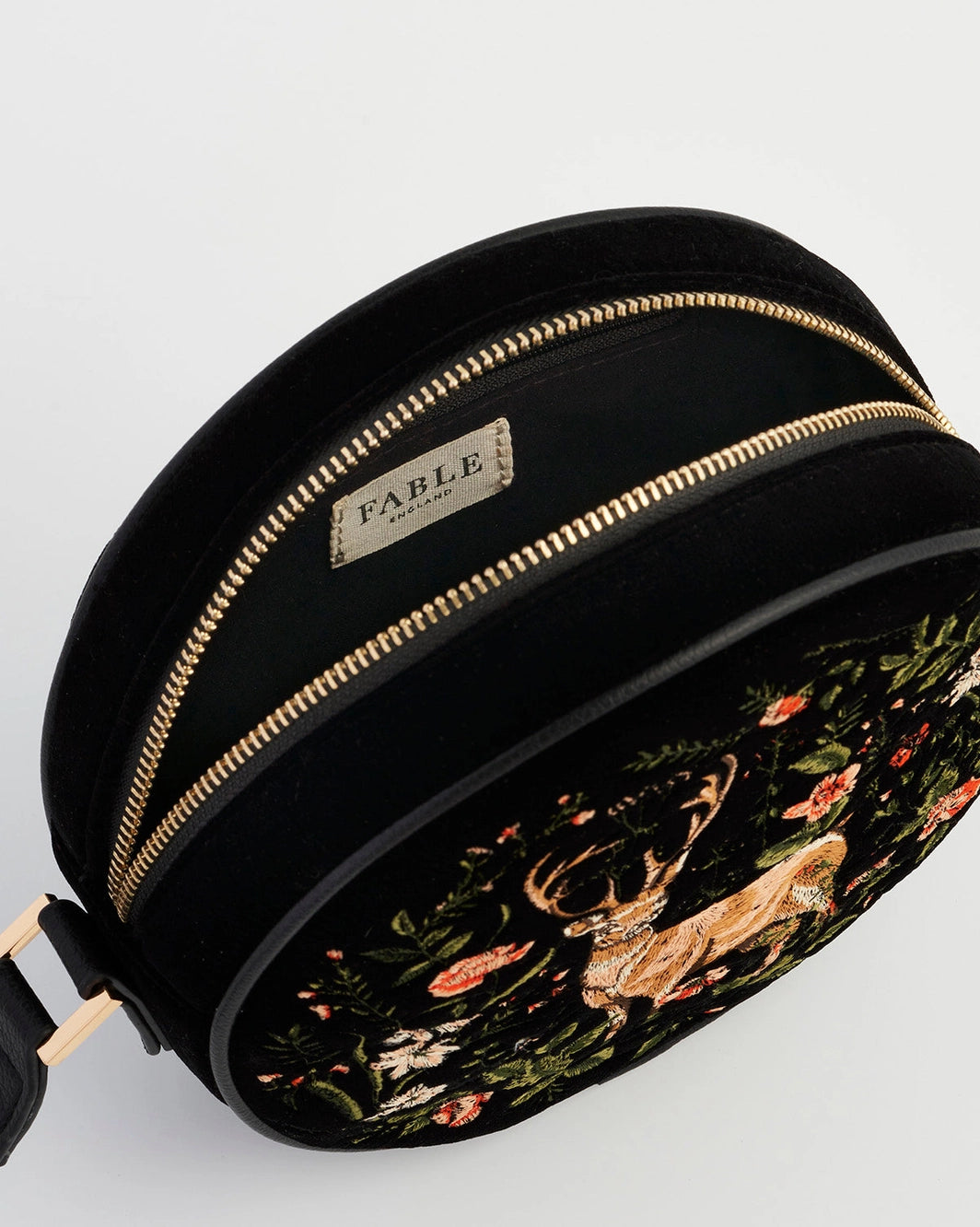 Aurora Fawn Embroidered Black Circle Bag by Fable England