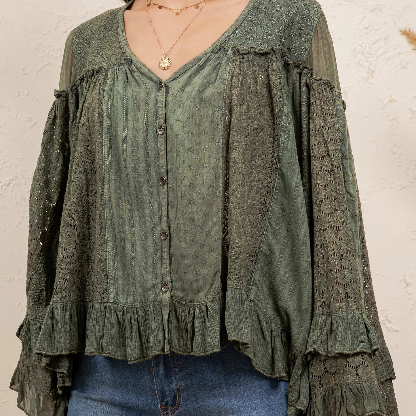Basil Dreamy Sheer V-Neck Ruffled Button-Front Top
