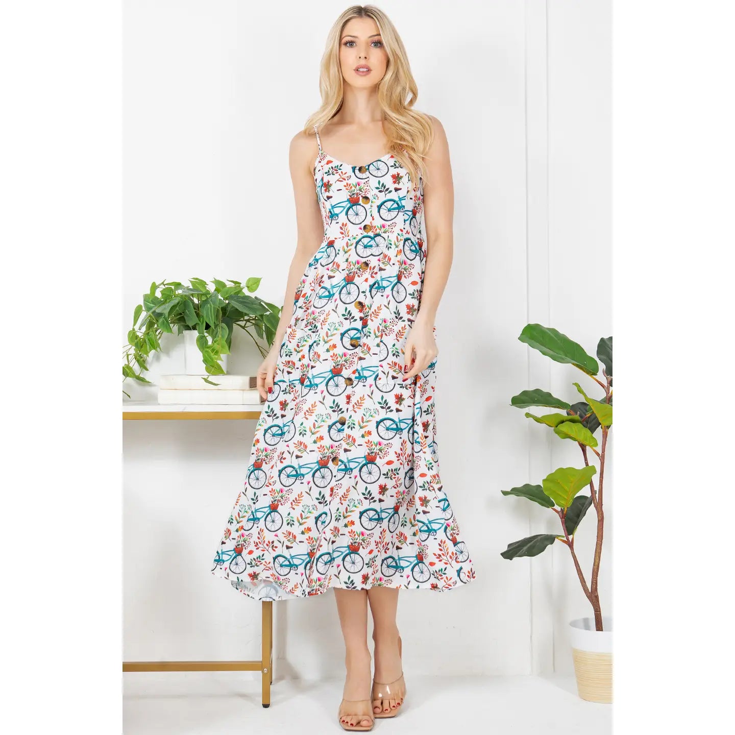 Bicycle with Flower Print Cami Midi Dress