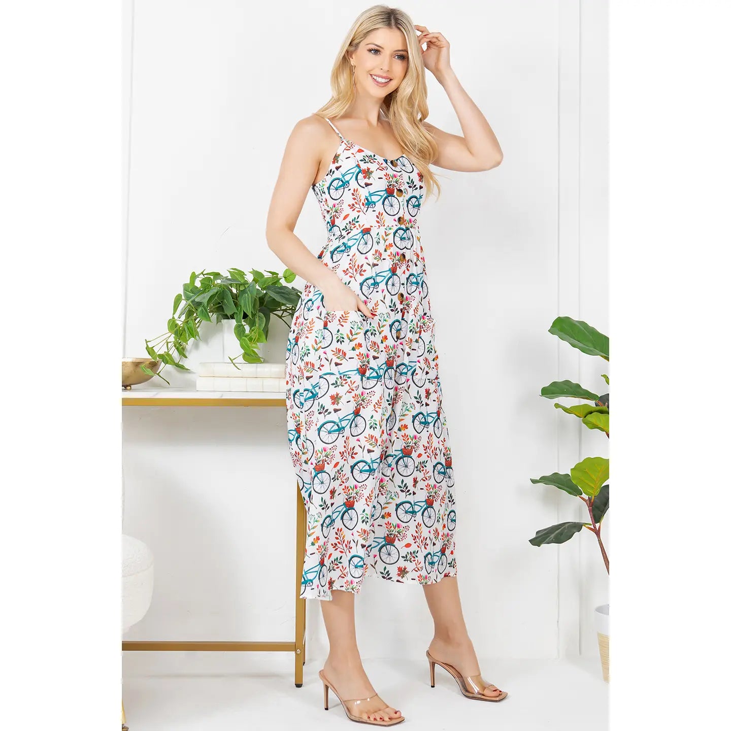 Bicycle with Flower Print Cami Midi Dress