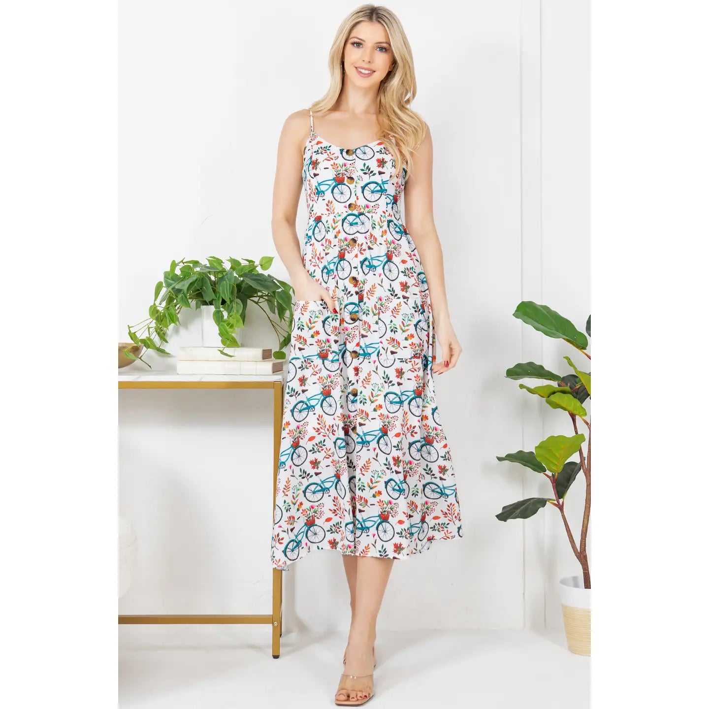 Bicycle with Flower Print Cami Midi Dress