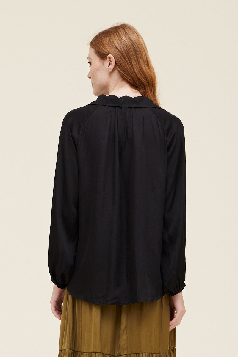 Black Collared Satin Blouse