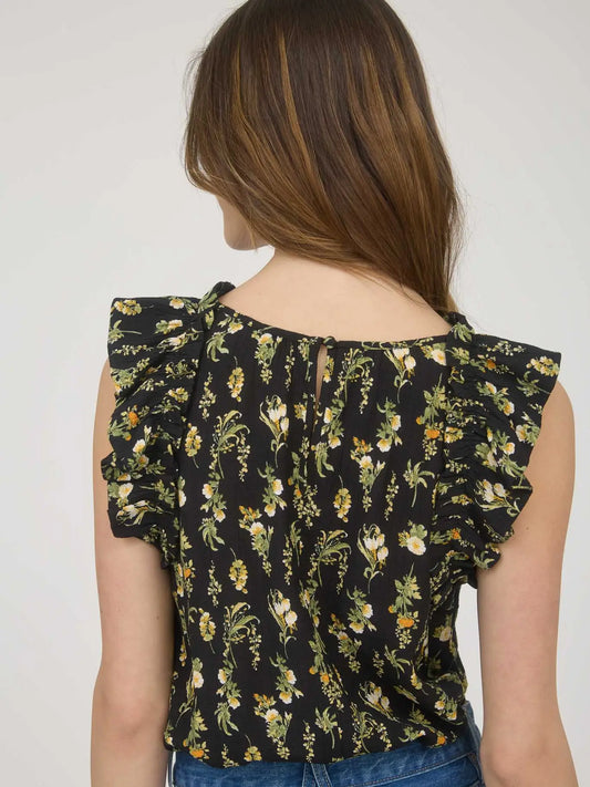 Black Floral Ruffle Top