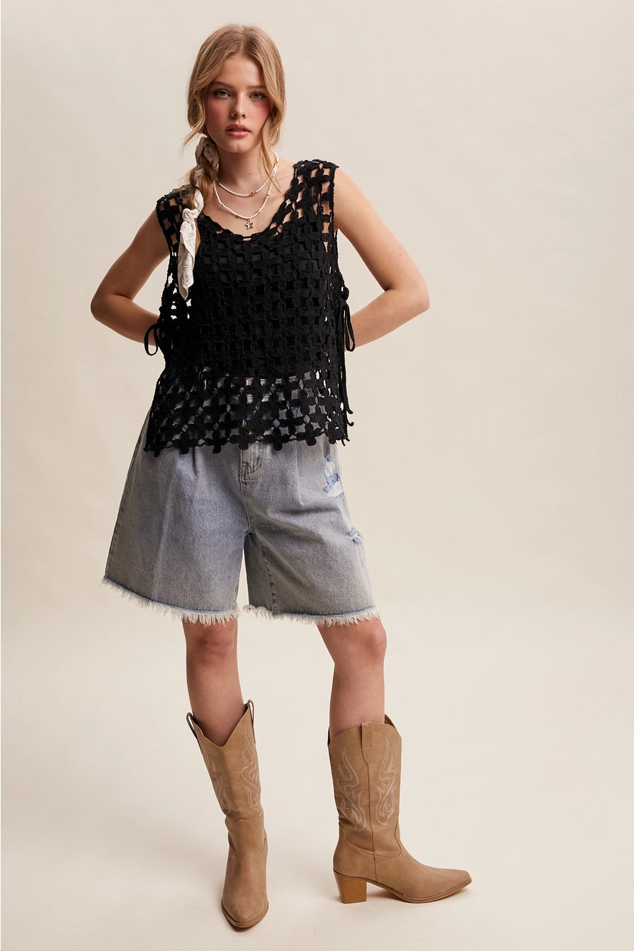 Black Flower Crochet Sleeveless Tank