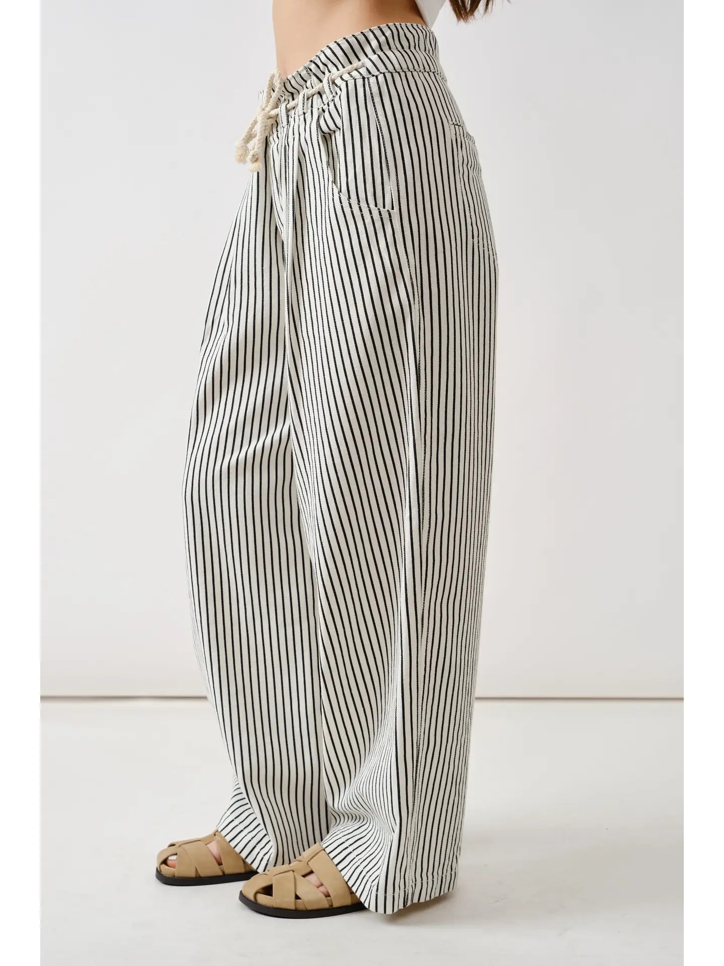Black & Off White Stripe Wide Leg Pants with Rope Belt