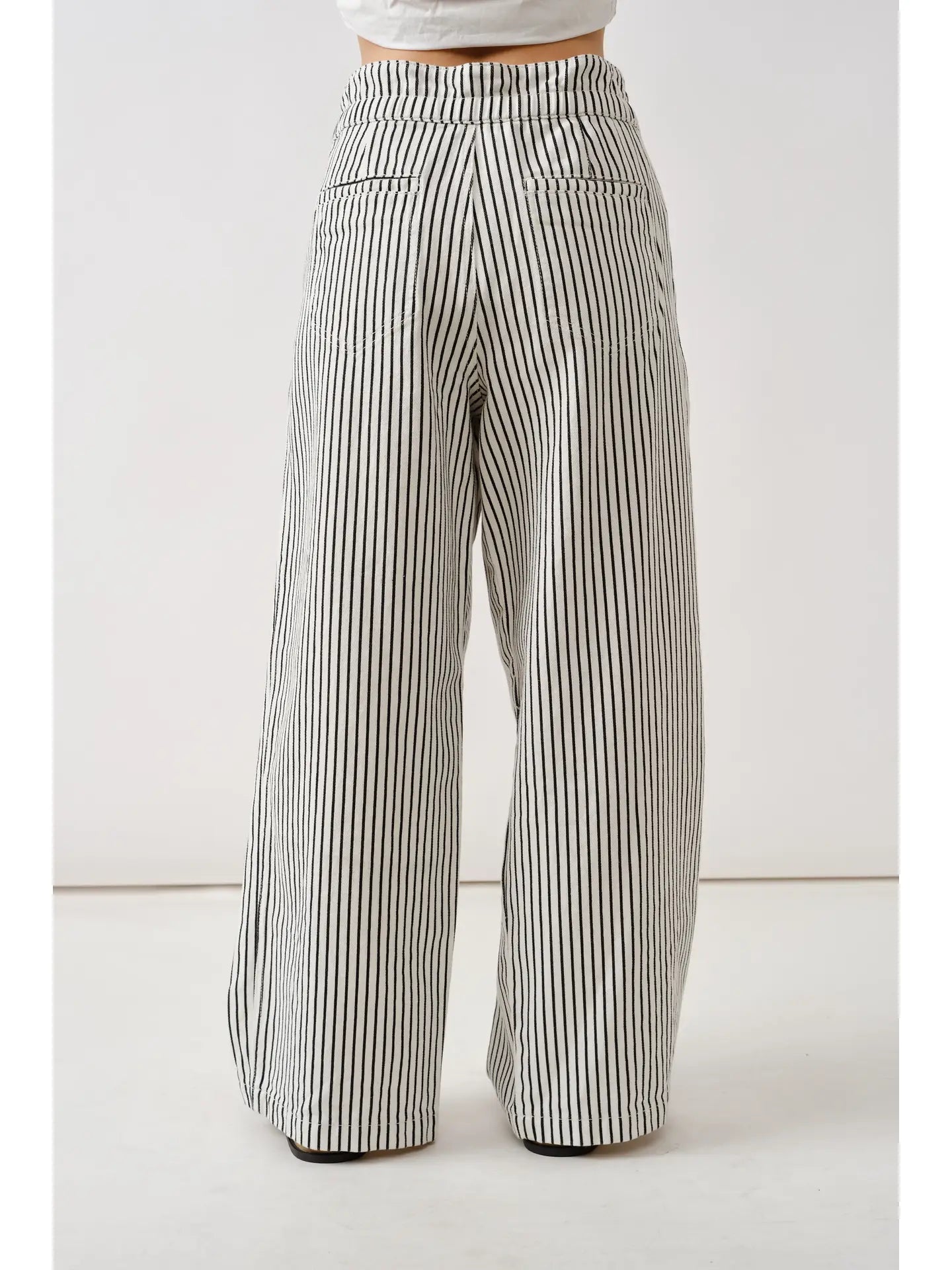 Black & Off White Stripe Wide Leg Pants with Rope Belt