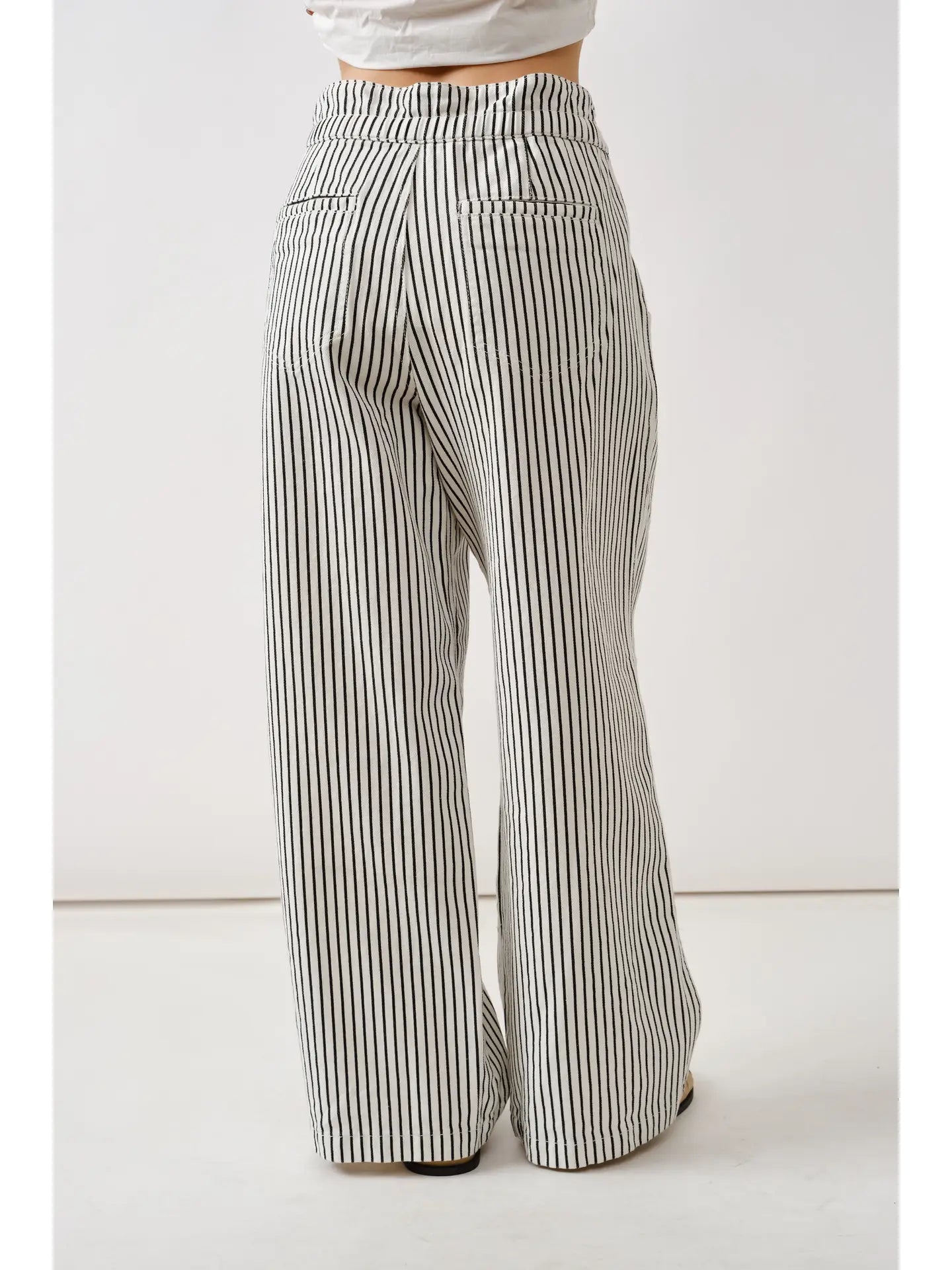 Black & Off White Stripe Wide Leg Pants with Rope Belt