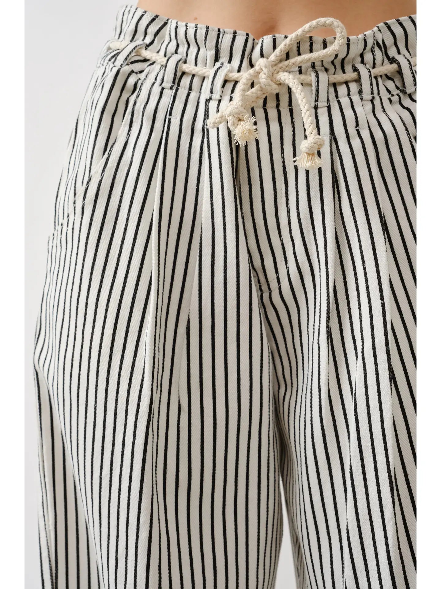 Black & Off White Stripe Wide Leg Pants with Rope Belt