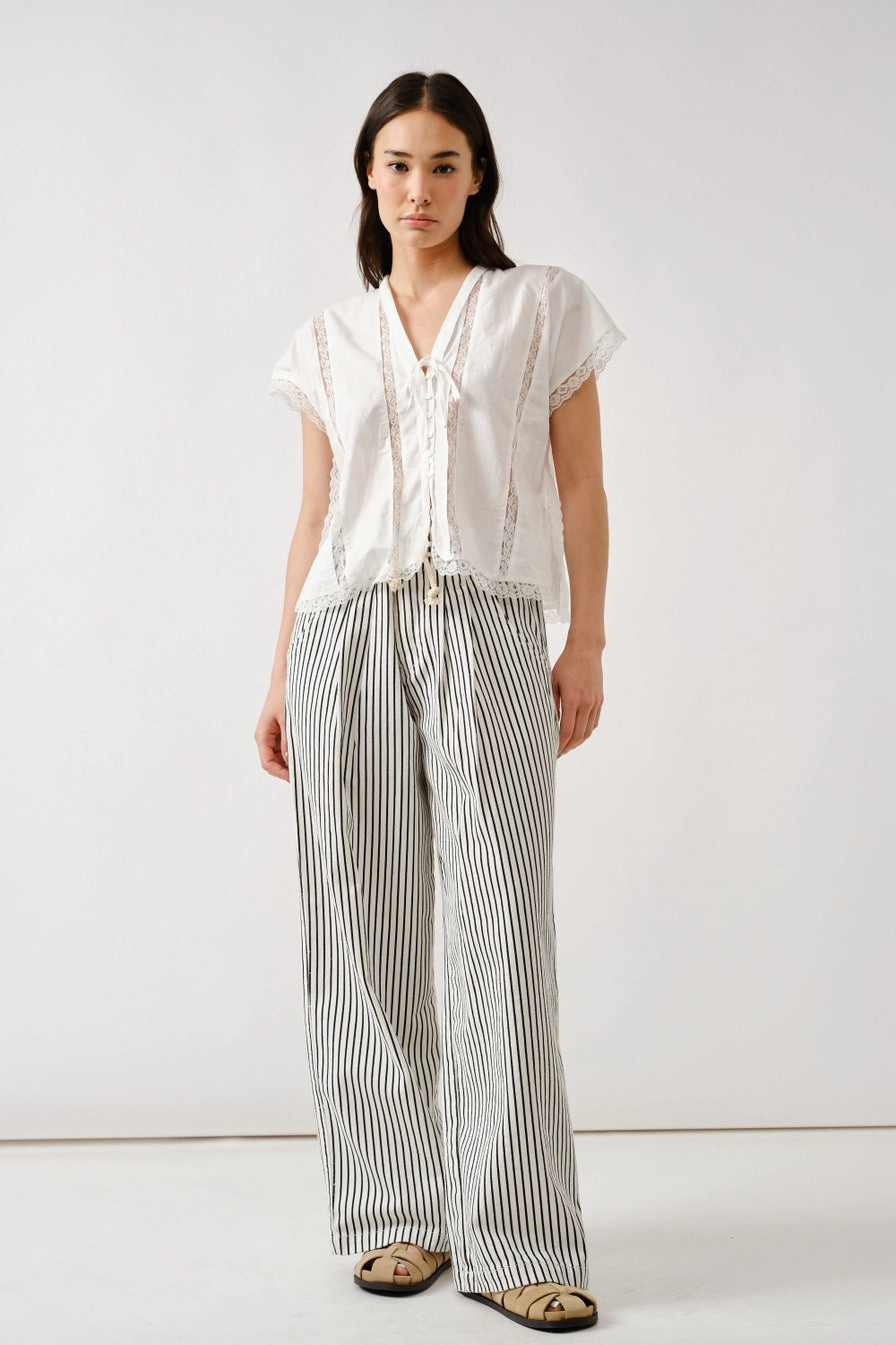 Black & Off White Stripe Wide Leg Pants with Rope Belt