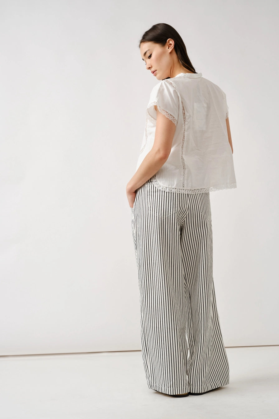 Black & Off White Stripe Wide Leg Pants with Rope Belt