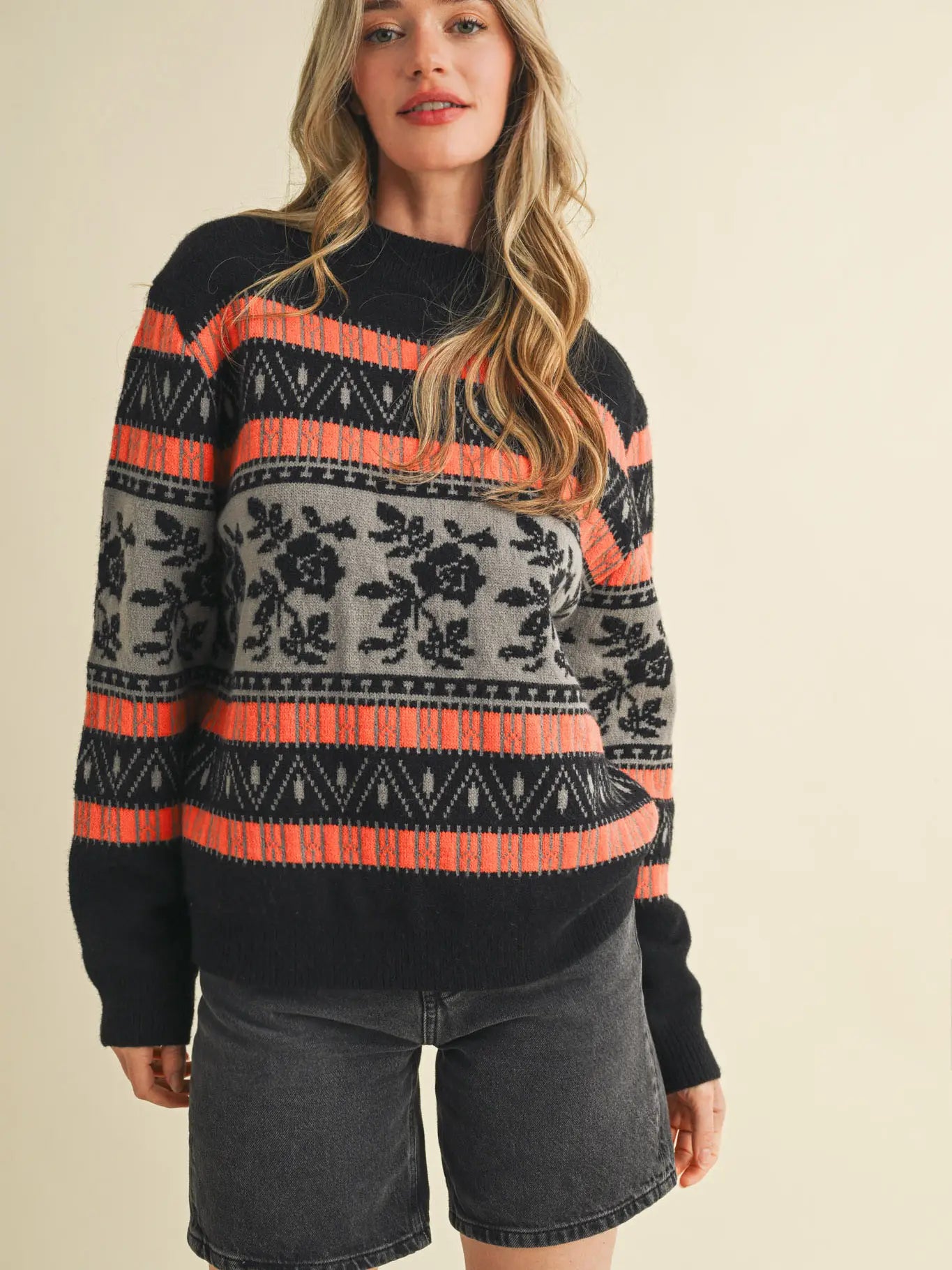 Black & Orange Floral Knit Round Neck Sweater