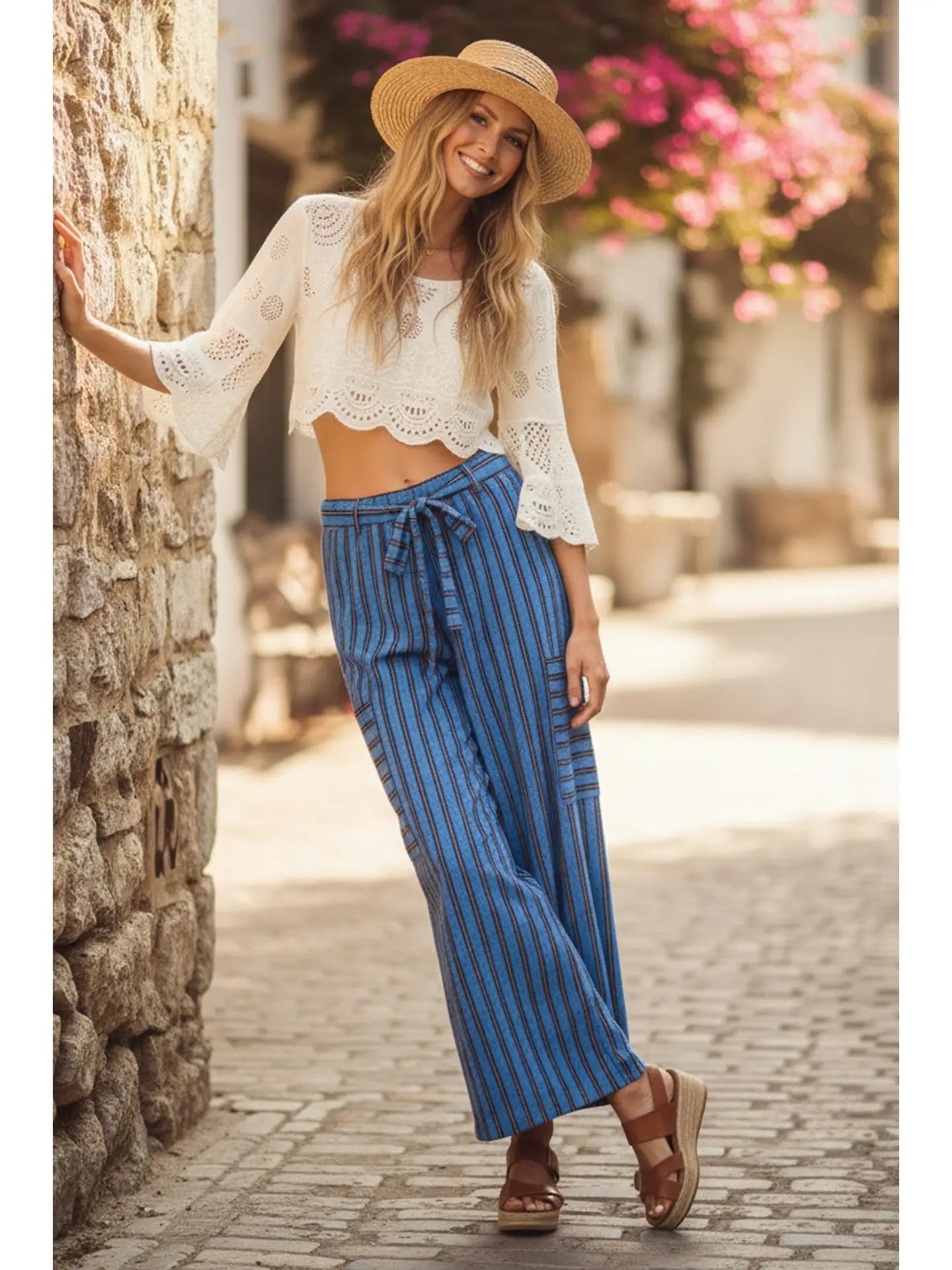 Blue Mix Striped Wide Leg Pant