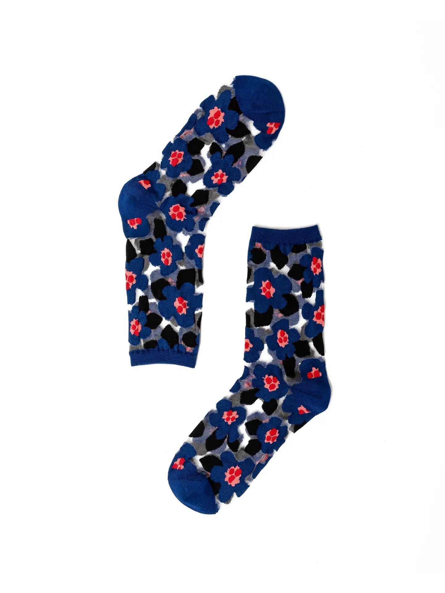 Bold Blue Floral Sheer Crew Socks