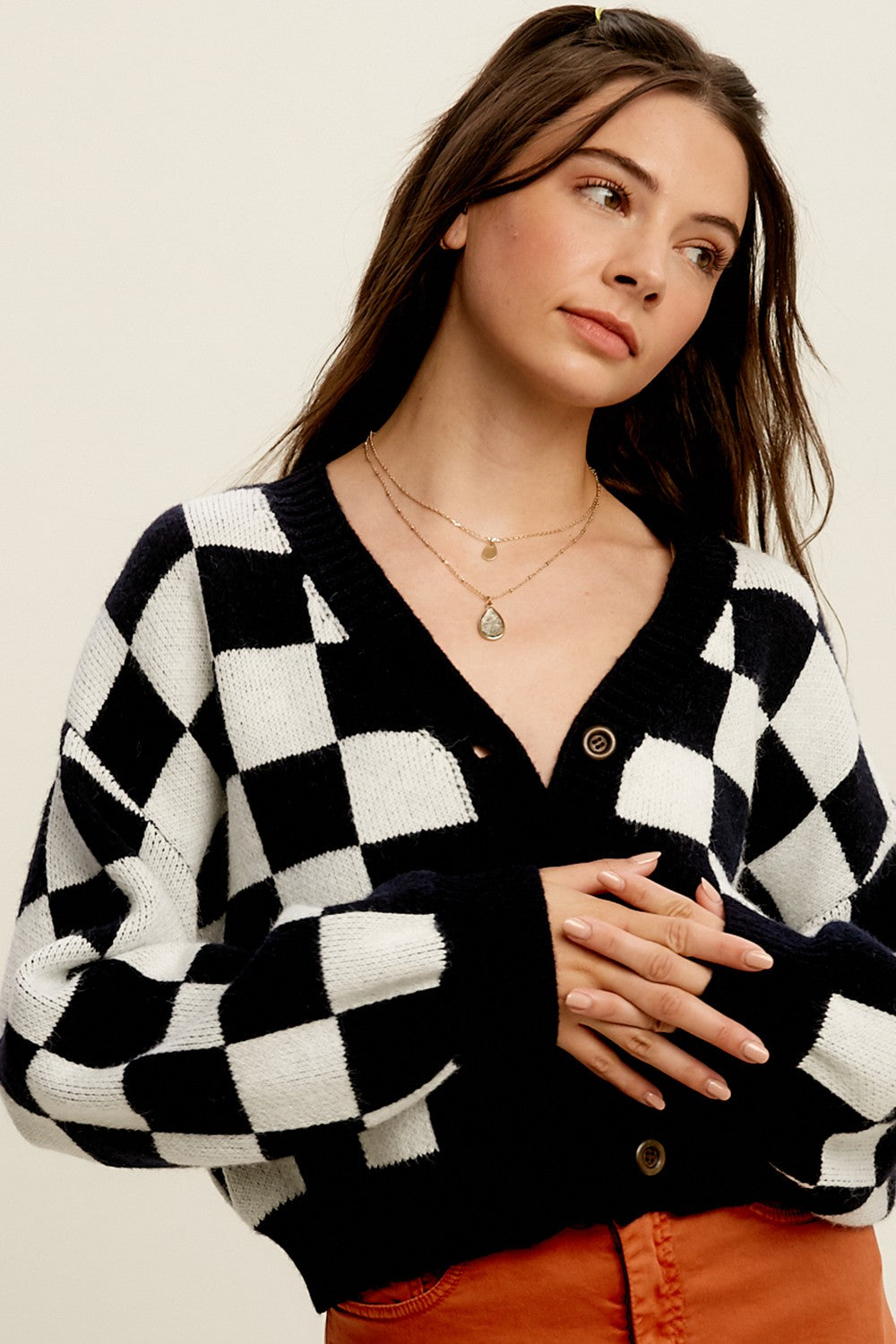 Black/White Checkered Crop Cardigan