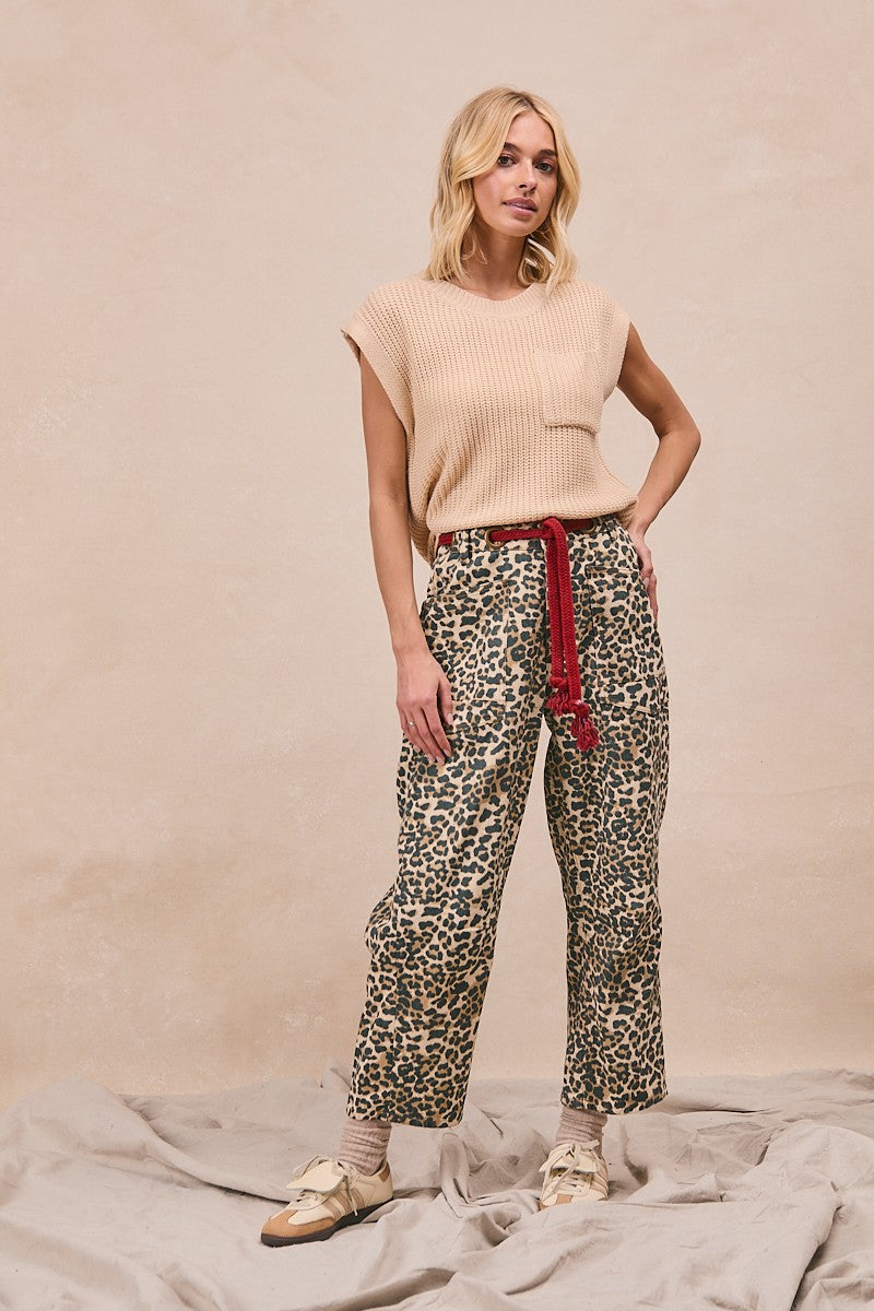 Braided Waist Belt Patch Leopard Print Pants