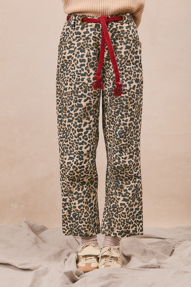 Braided Waist Belt Patch Leopard Print Pants