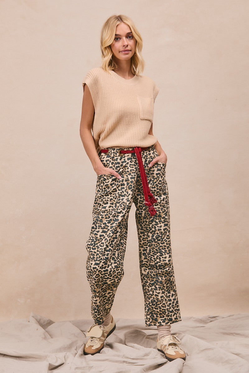 Braided Waist Belt Patch Leopard Print Pants