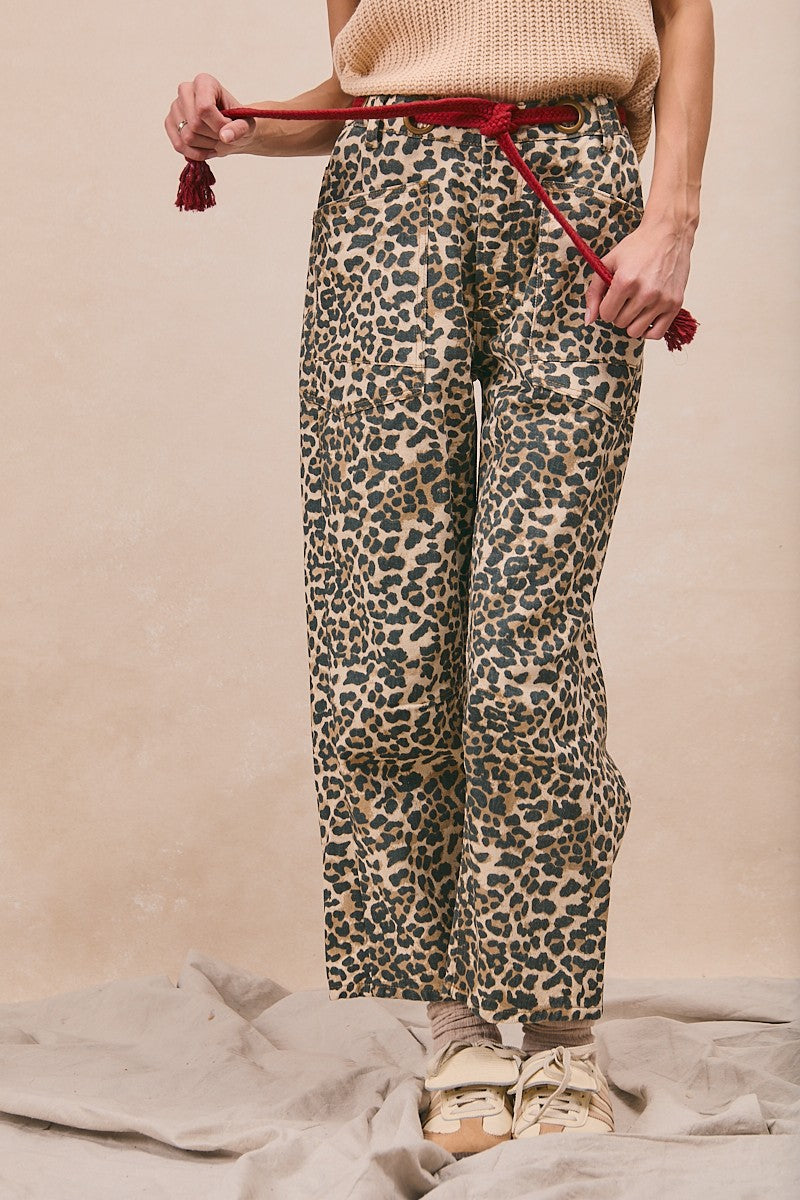 Braided Waist Belt Patch Leopard Print Pants