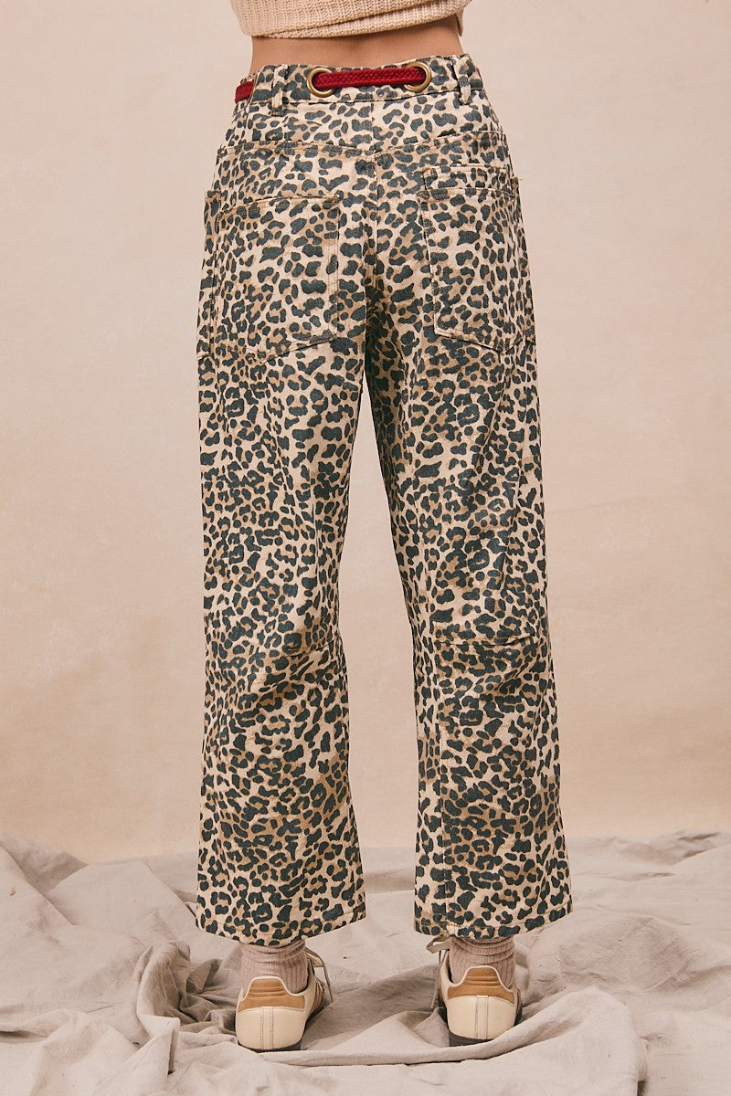 Braided Waist Belt Patch Leopard Print Pants