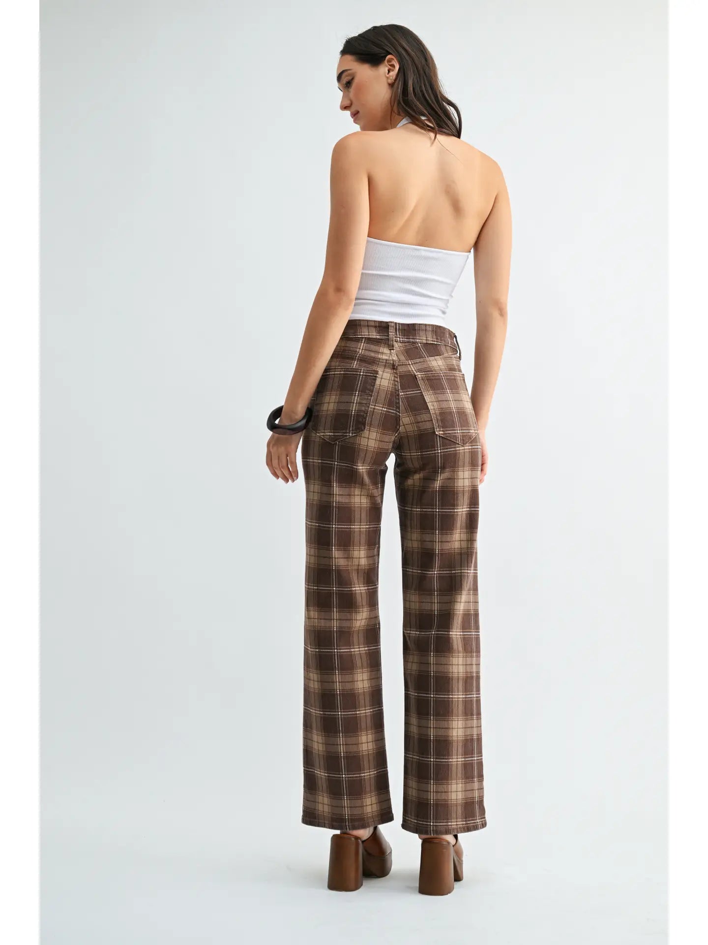 Brown Plaid High Rise Full Length Straight Jeans