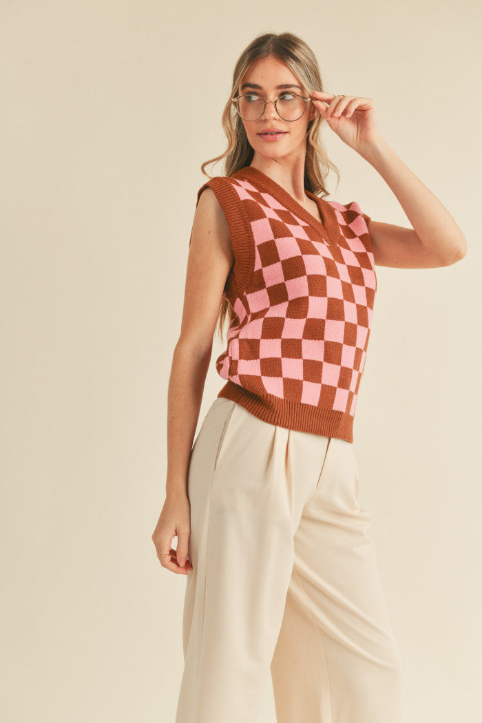 Brown & Pink Checkered Sweater Vest