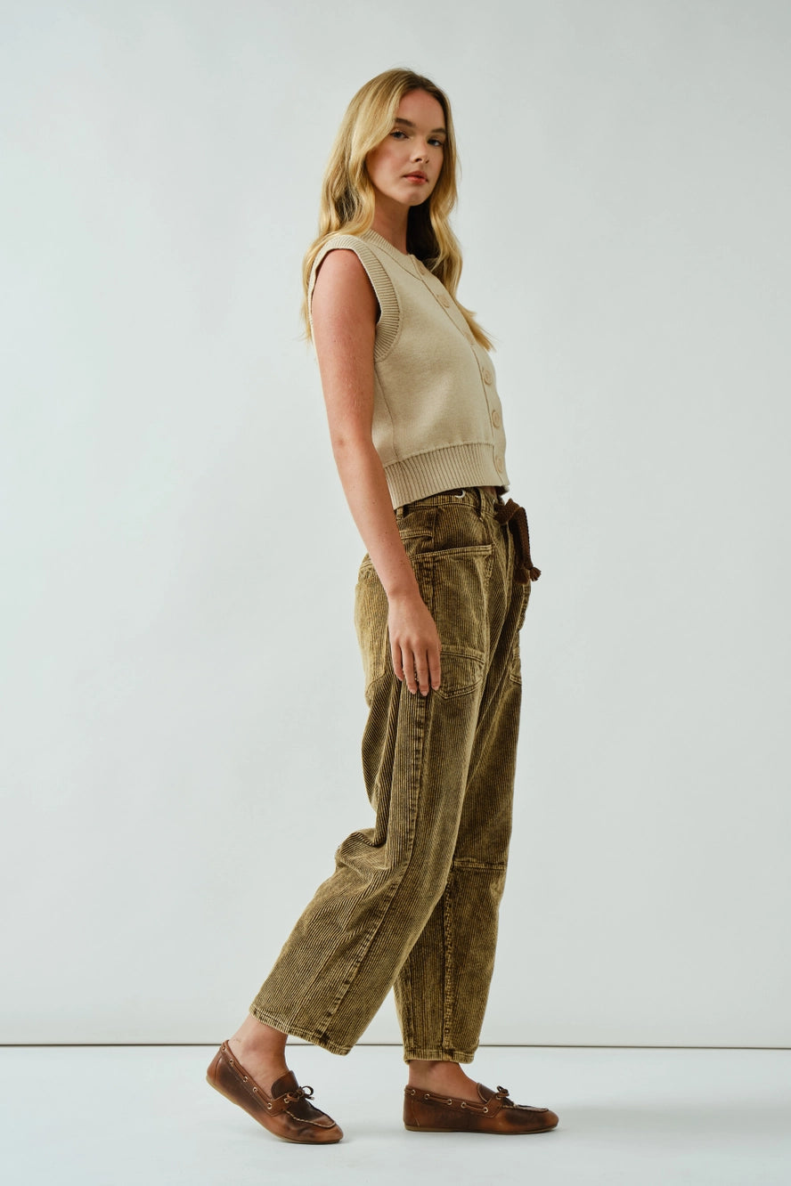 Camel Barrel Corduroy Pants with Eyelet Waist