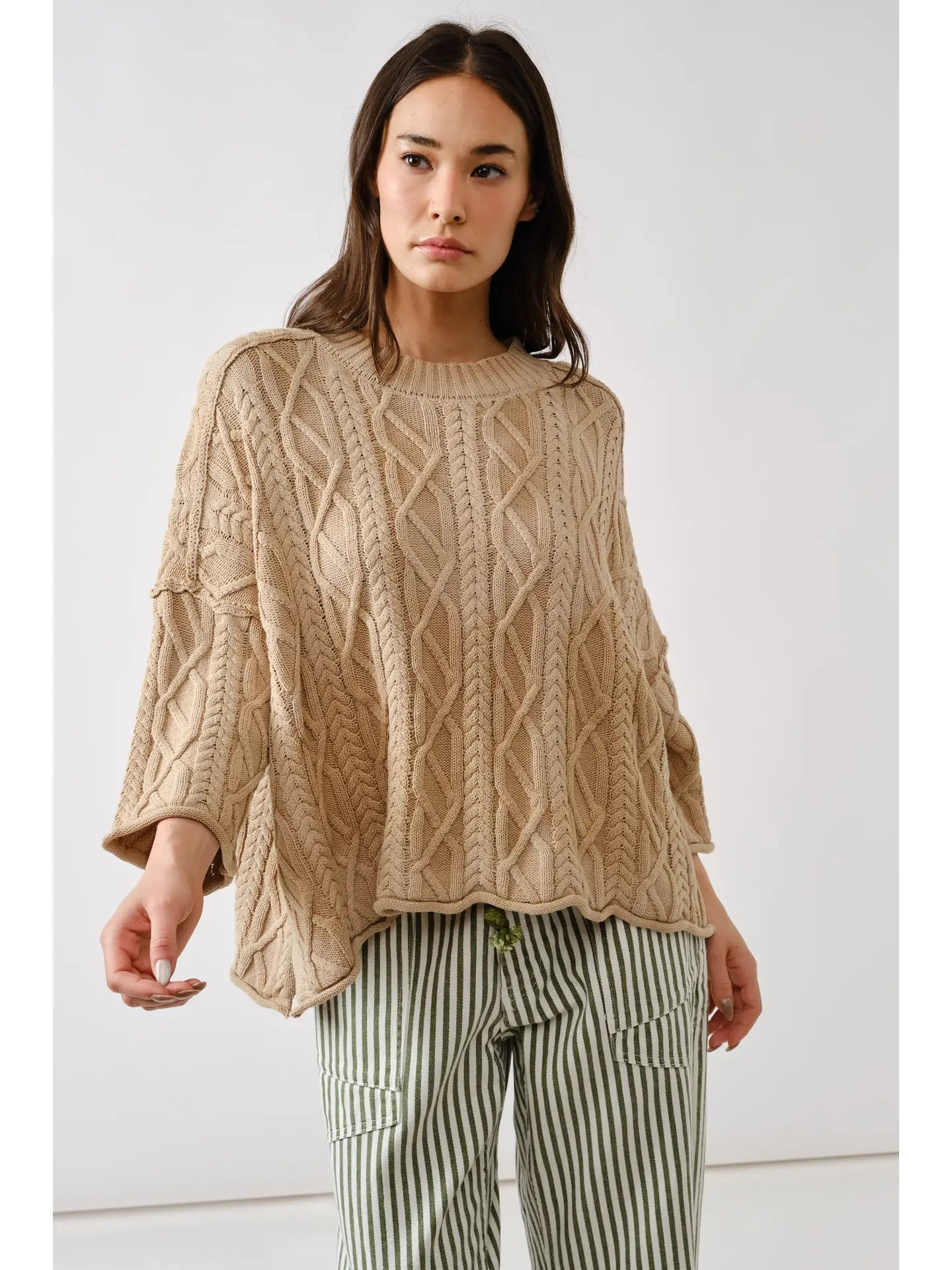 Camel Oversize Washed Cable Sweater
