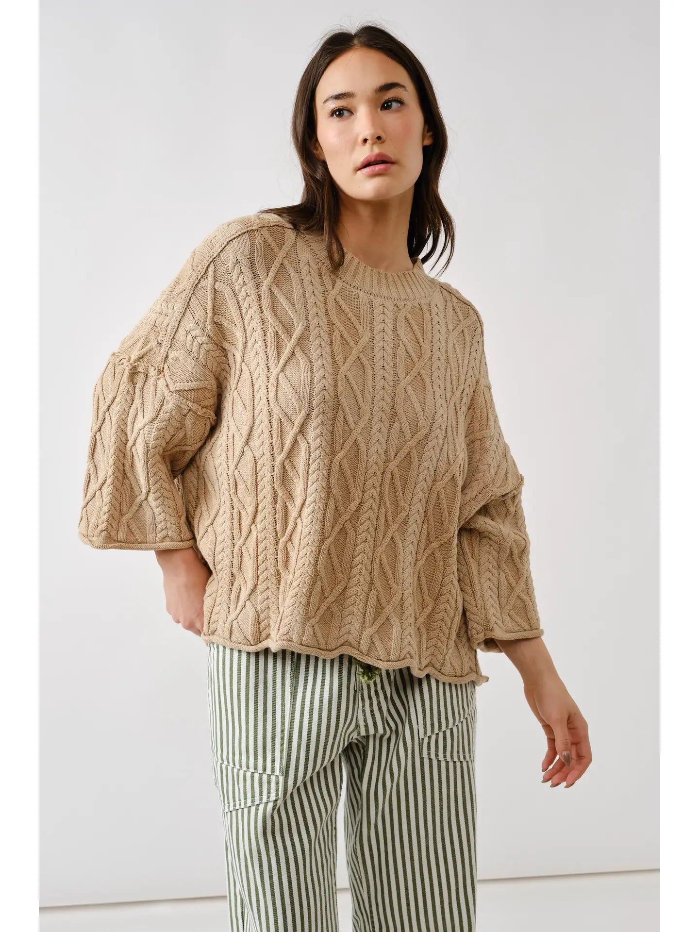 Camel Oversize Washed Cable Sweater