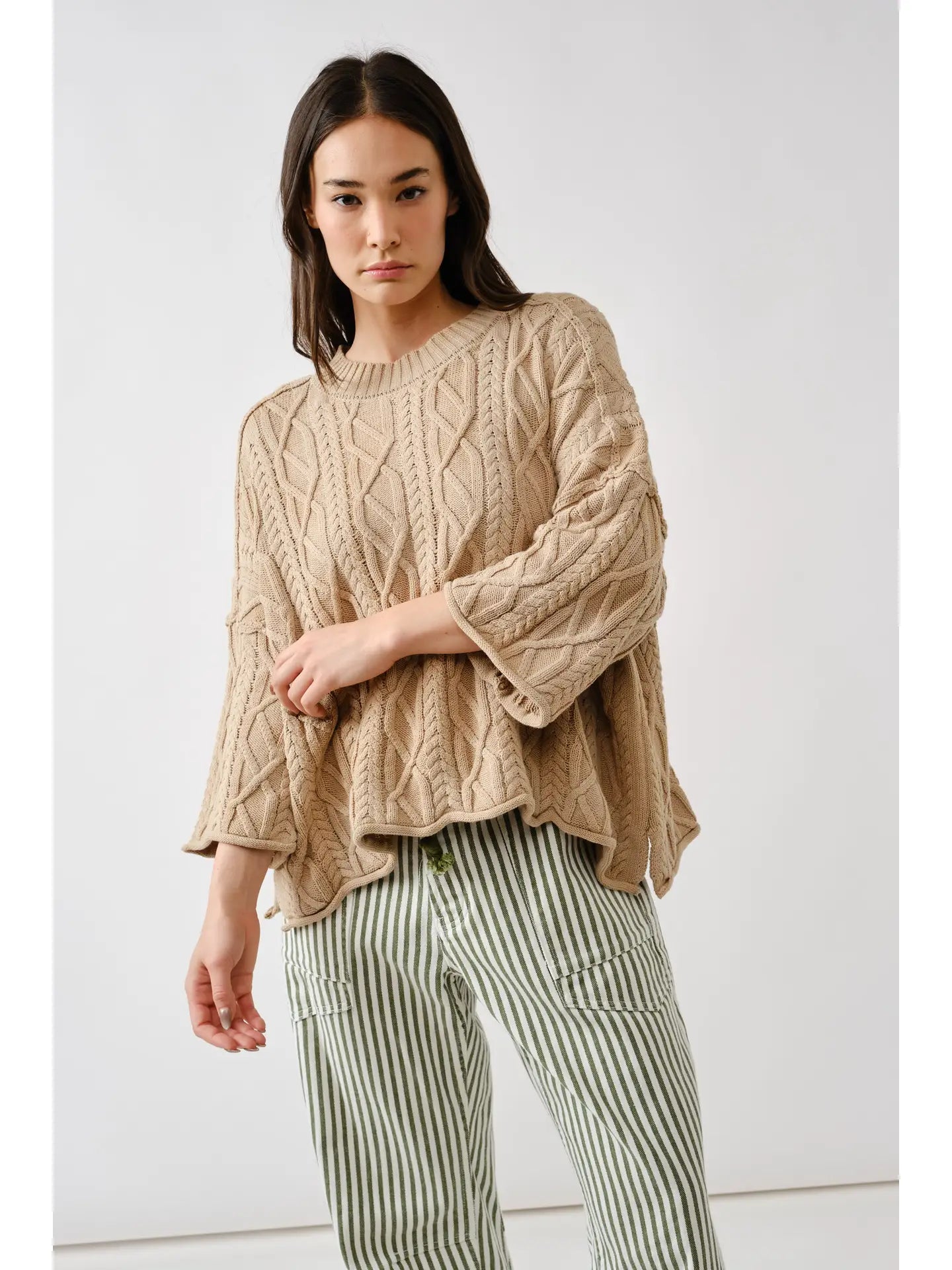 Camel Oversize Washed Cable Sweater