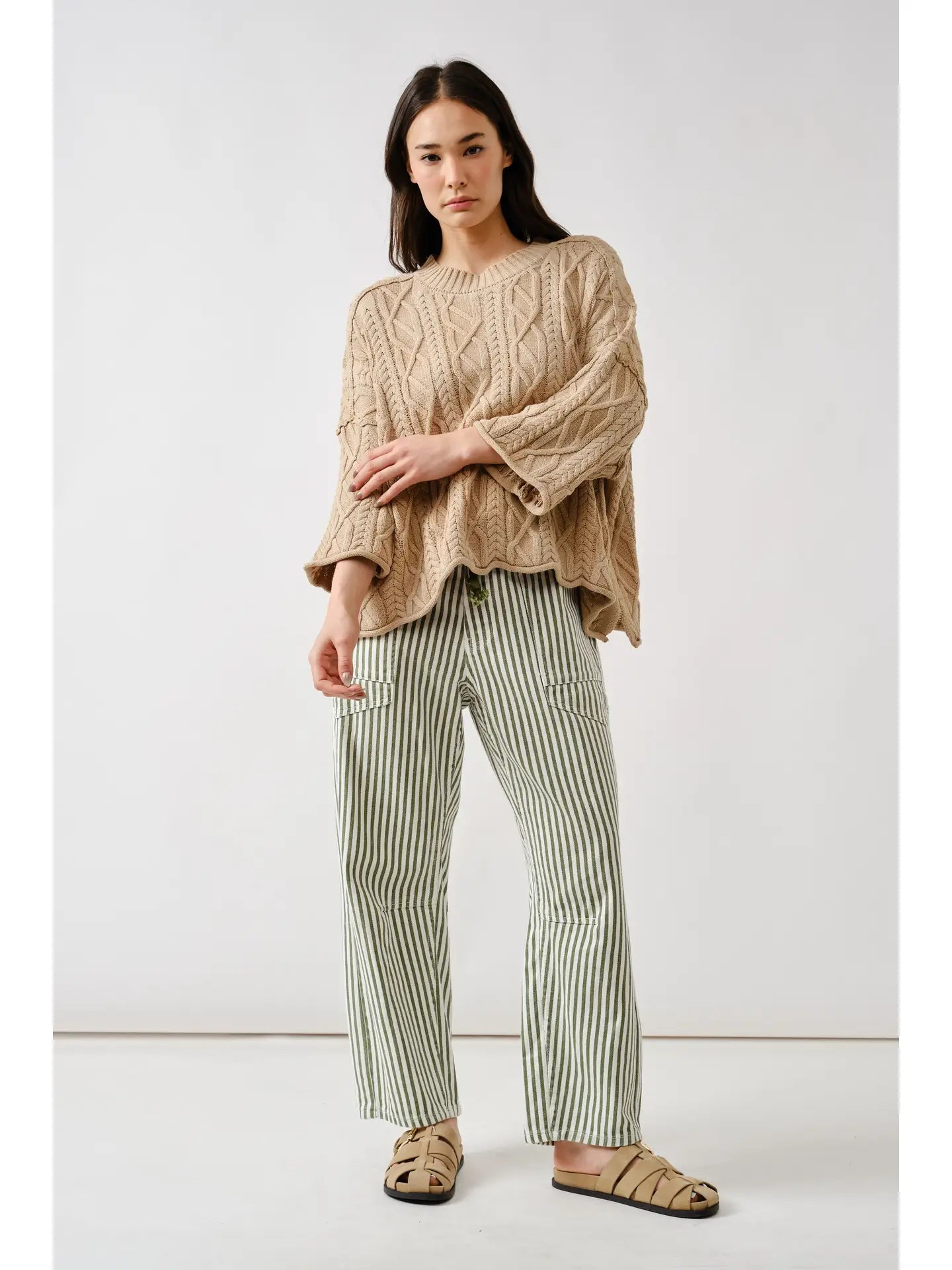 Camel Oversize Washed Cable Sweater