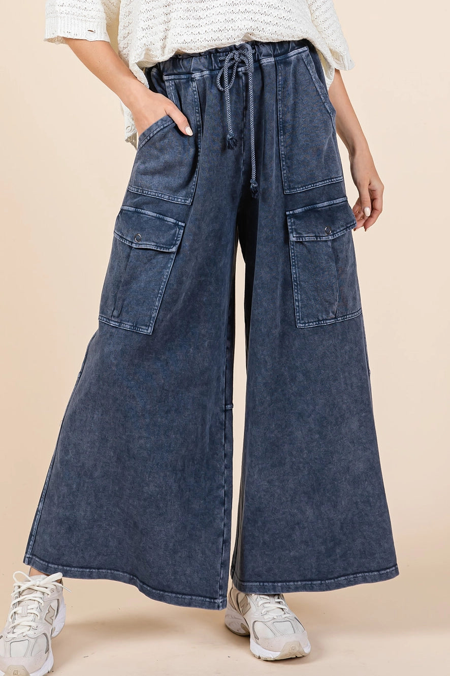Blueish Charcoal Cargo Wide Leg Pants