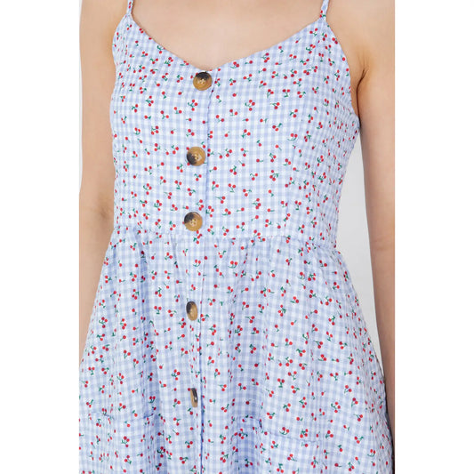 Checkered Print Cherry Cotton Cami Dress