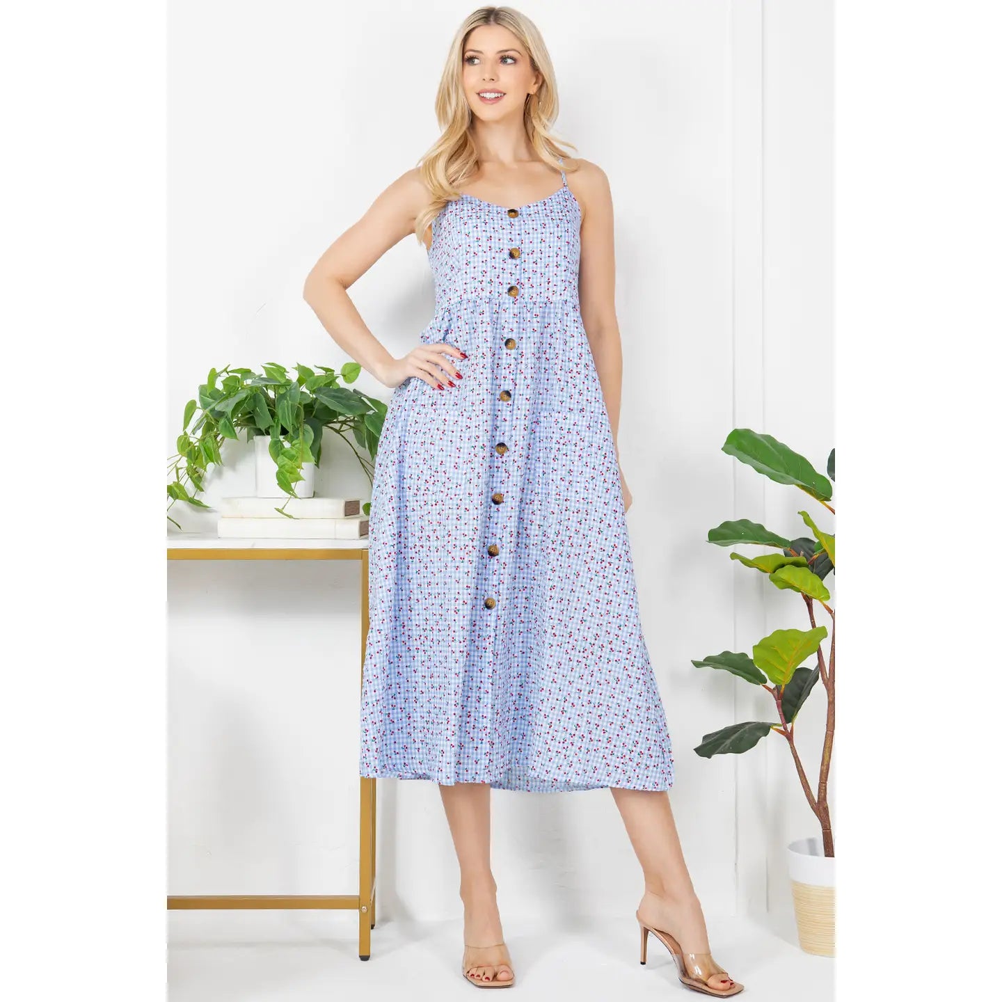 Checkered Print Cherry Cotton Cami Dress