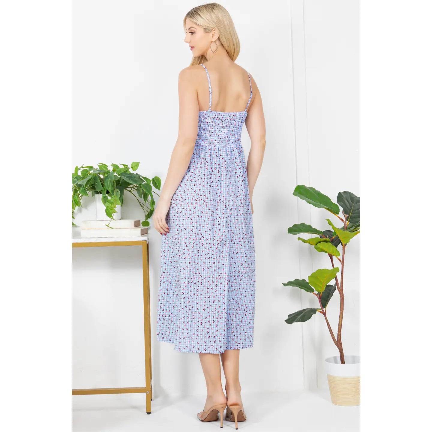 Checkered Print Cherry Cotton Cami Dress