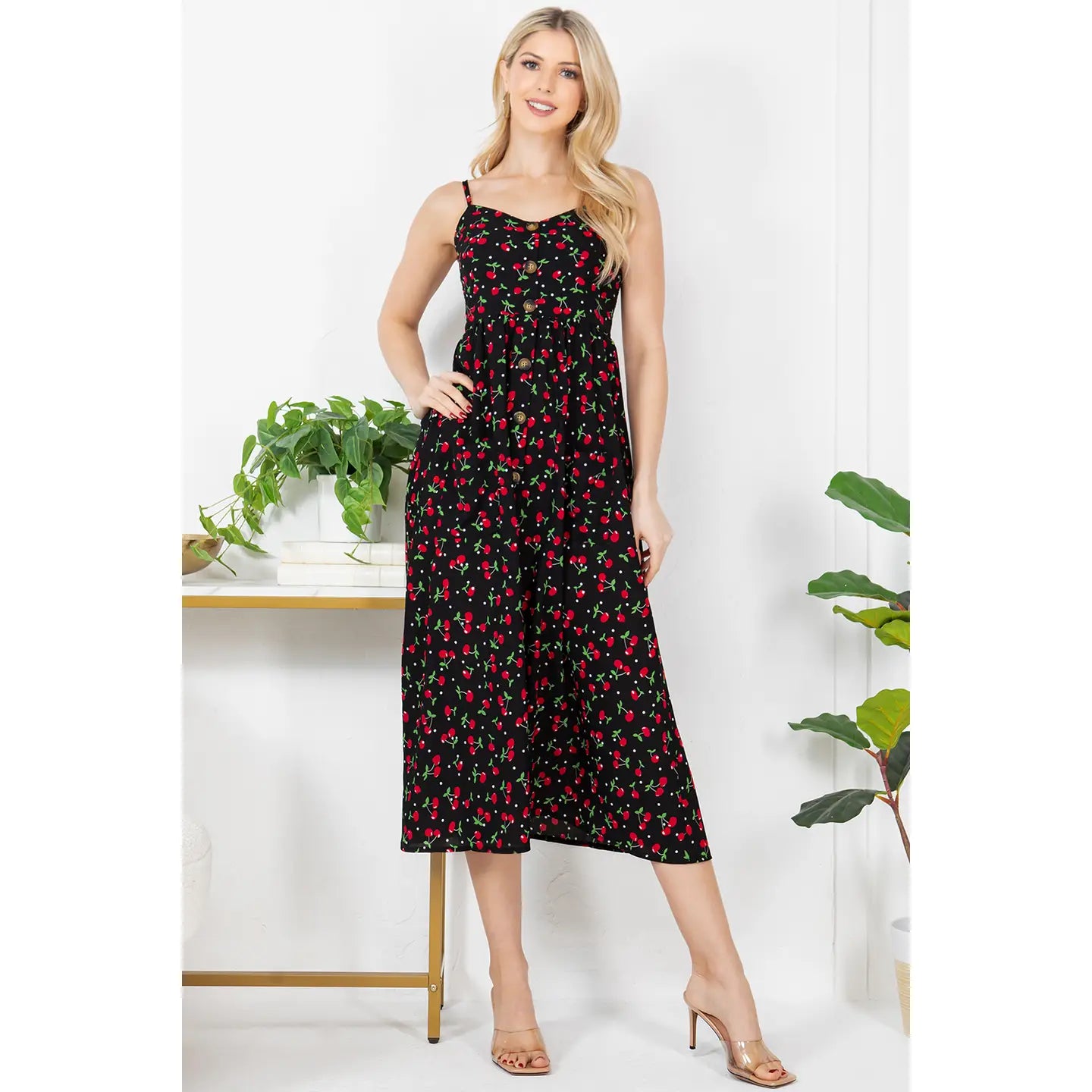 Cherry Print Midi Cami Dress