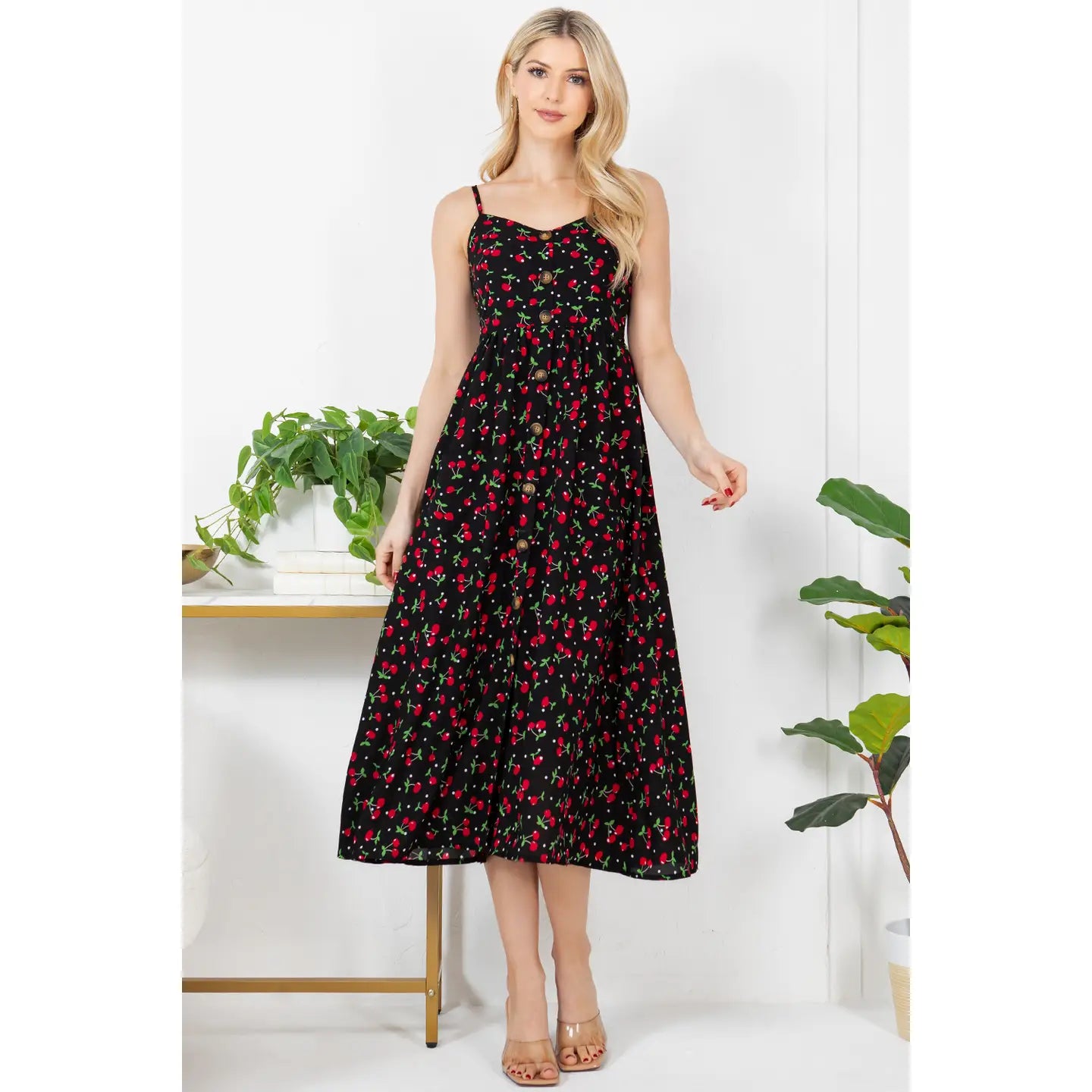 Cherry Print Midi Cami Dress