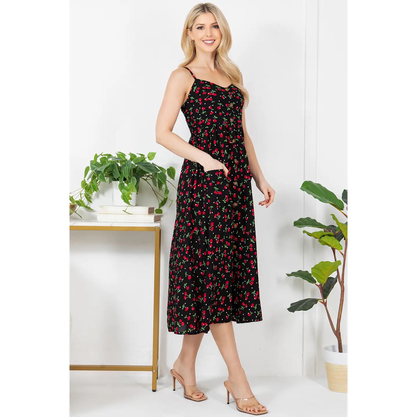Cherry Print Midi Cami Dress