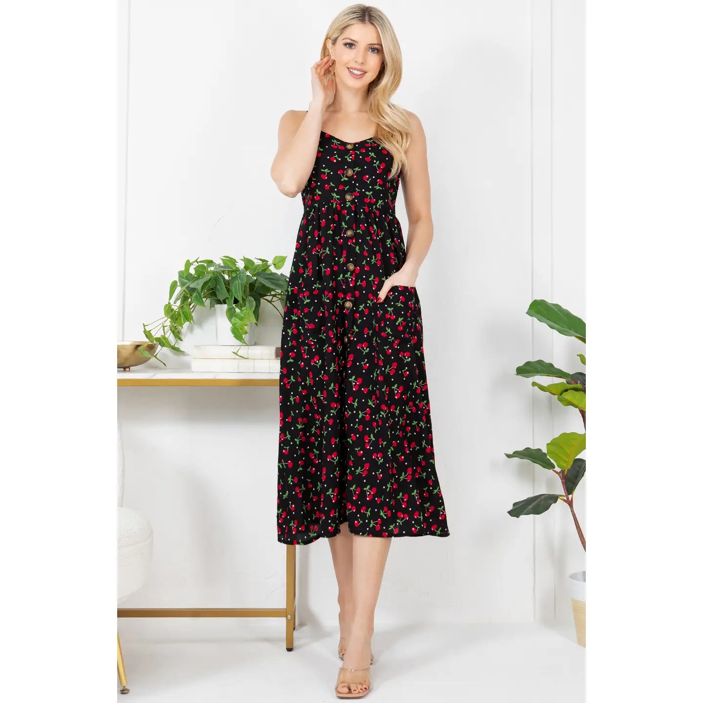 Cherry Print Midi Cami Dress