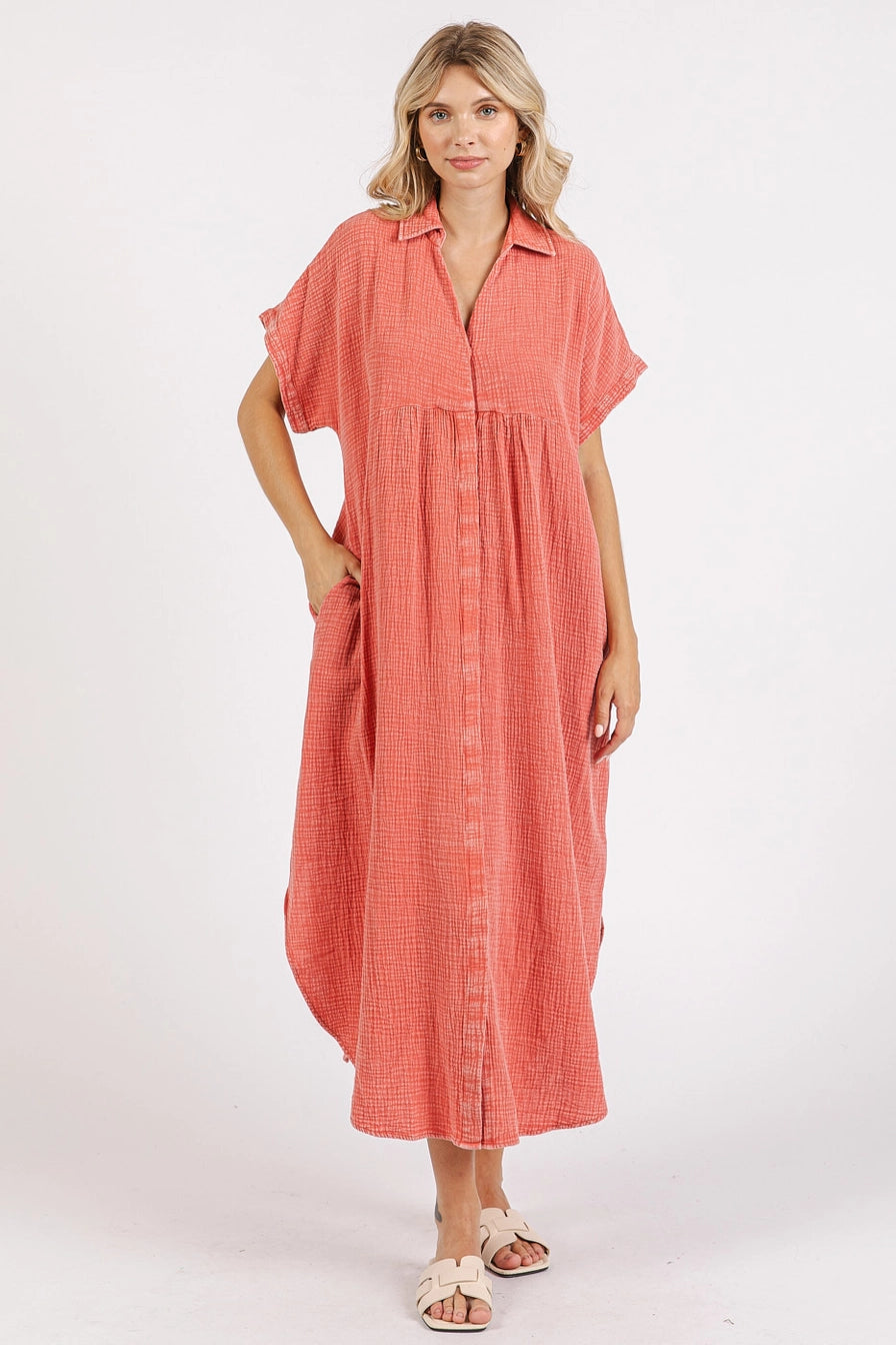 Coral Mineral Wash Relaxed Midi Dress