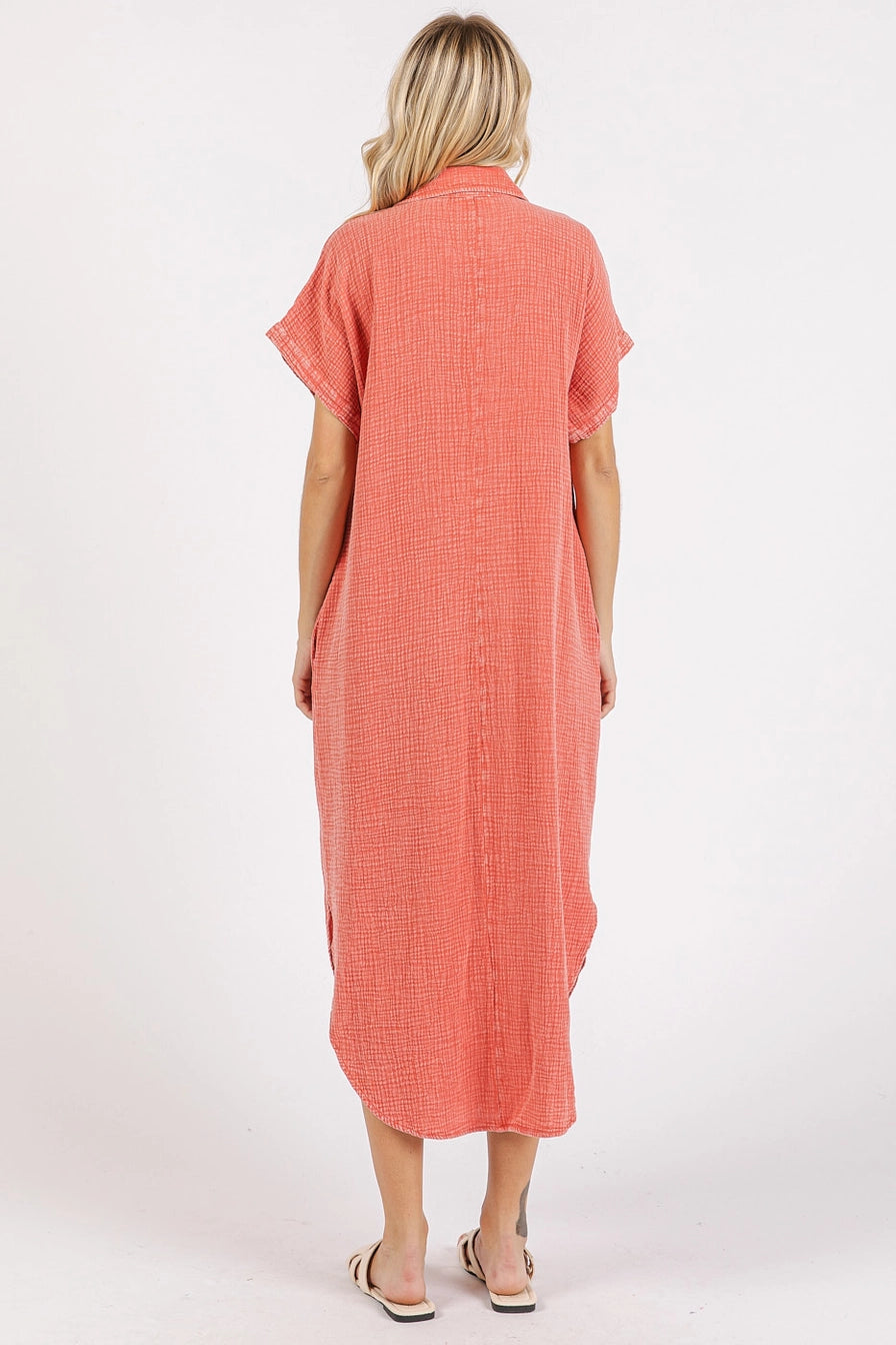 Coral Mineral Wash Relaxed Midi Dress