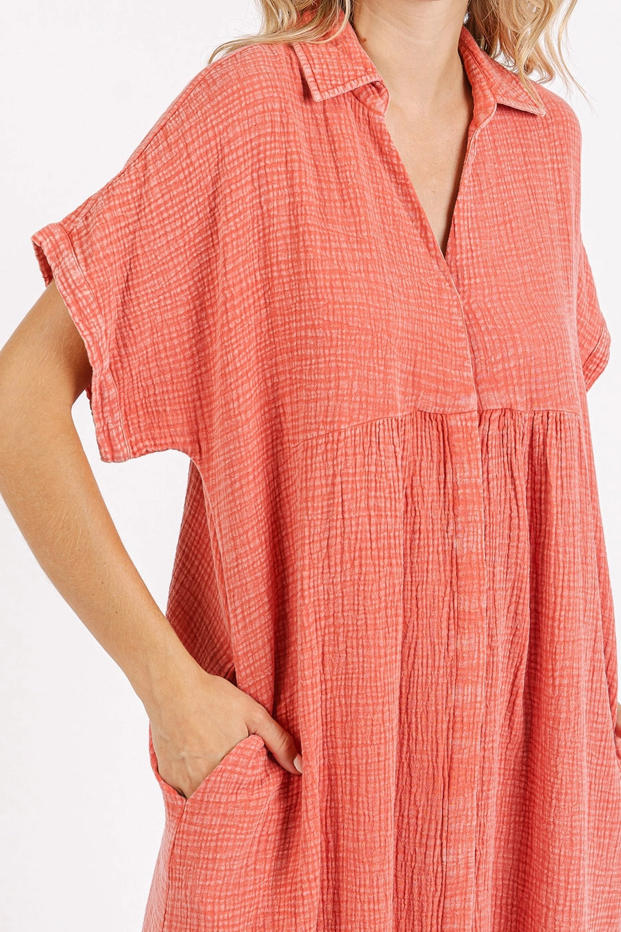 Coral Mineral Wash Relaxed Midi Dress