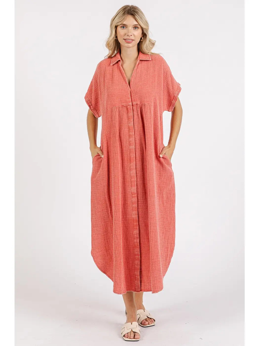 Coral Mineral Wash Relaxed Midi Dress
