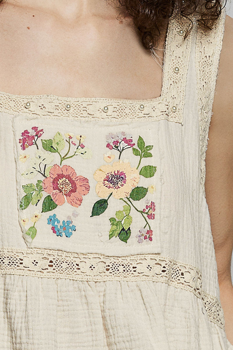 Cream Double Gauze Floral Sleeveless Top