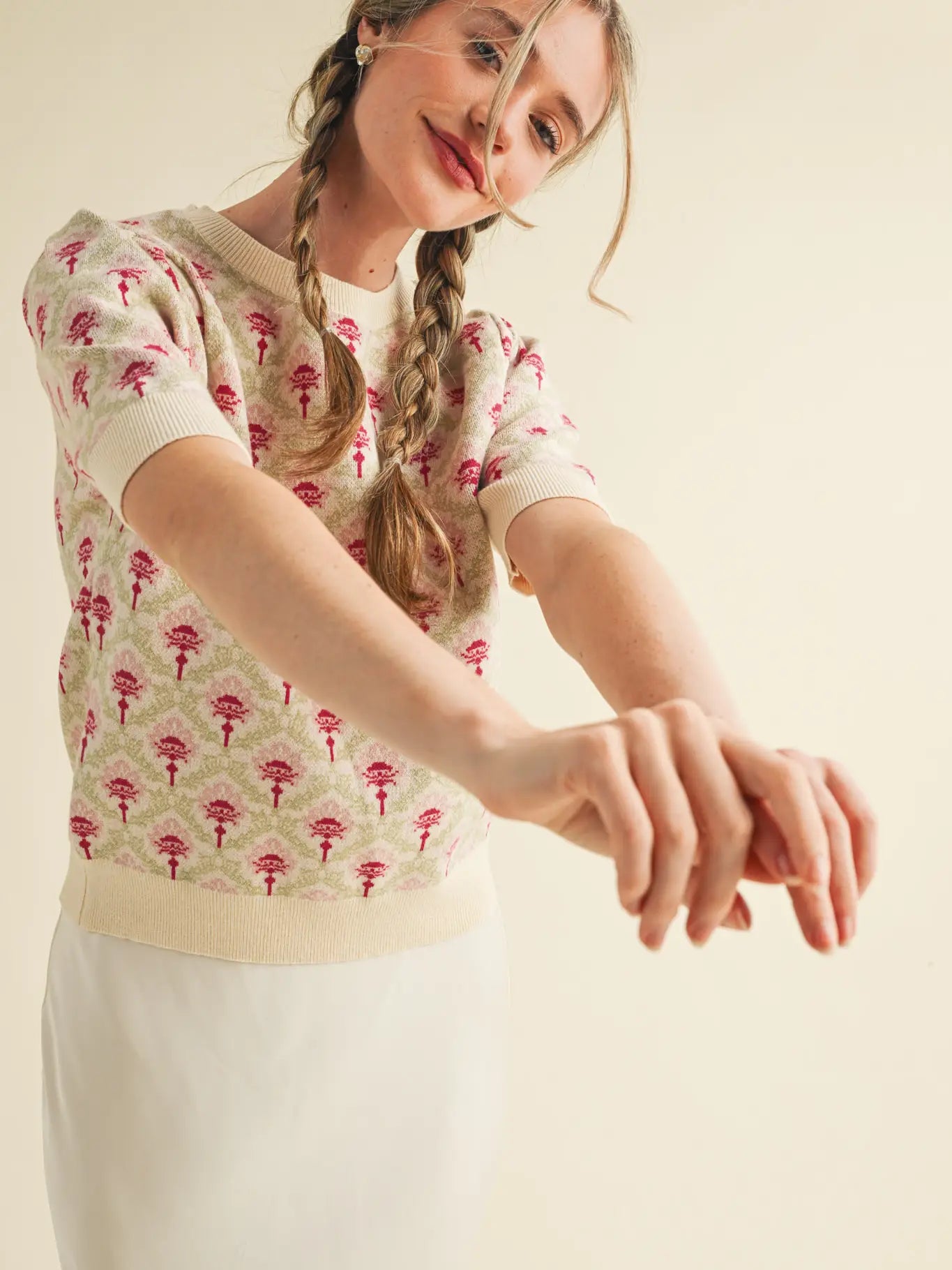 Cream & Pink Floral Short Sleeve Sweater
