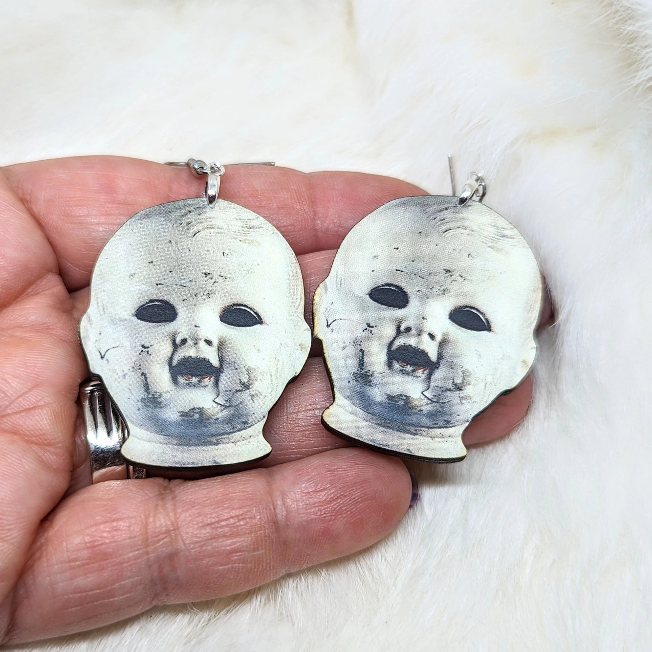 Creepy White Baby Doll Earrings