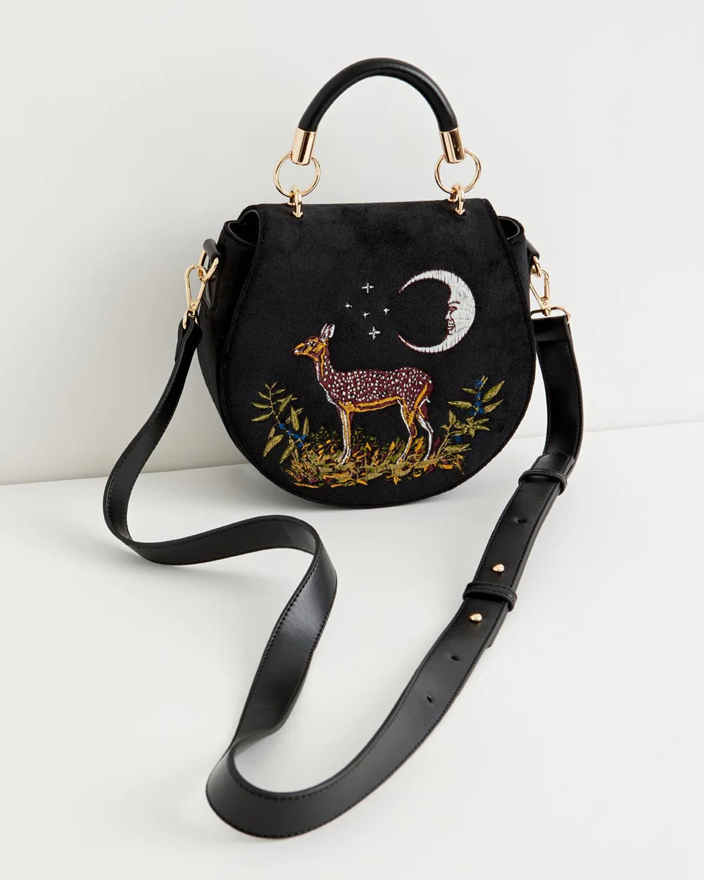Deer & Moon Embroidered Saddle Bag Black Velvet