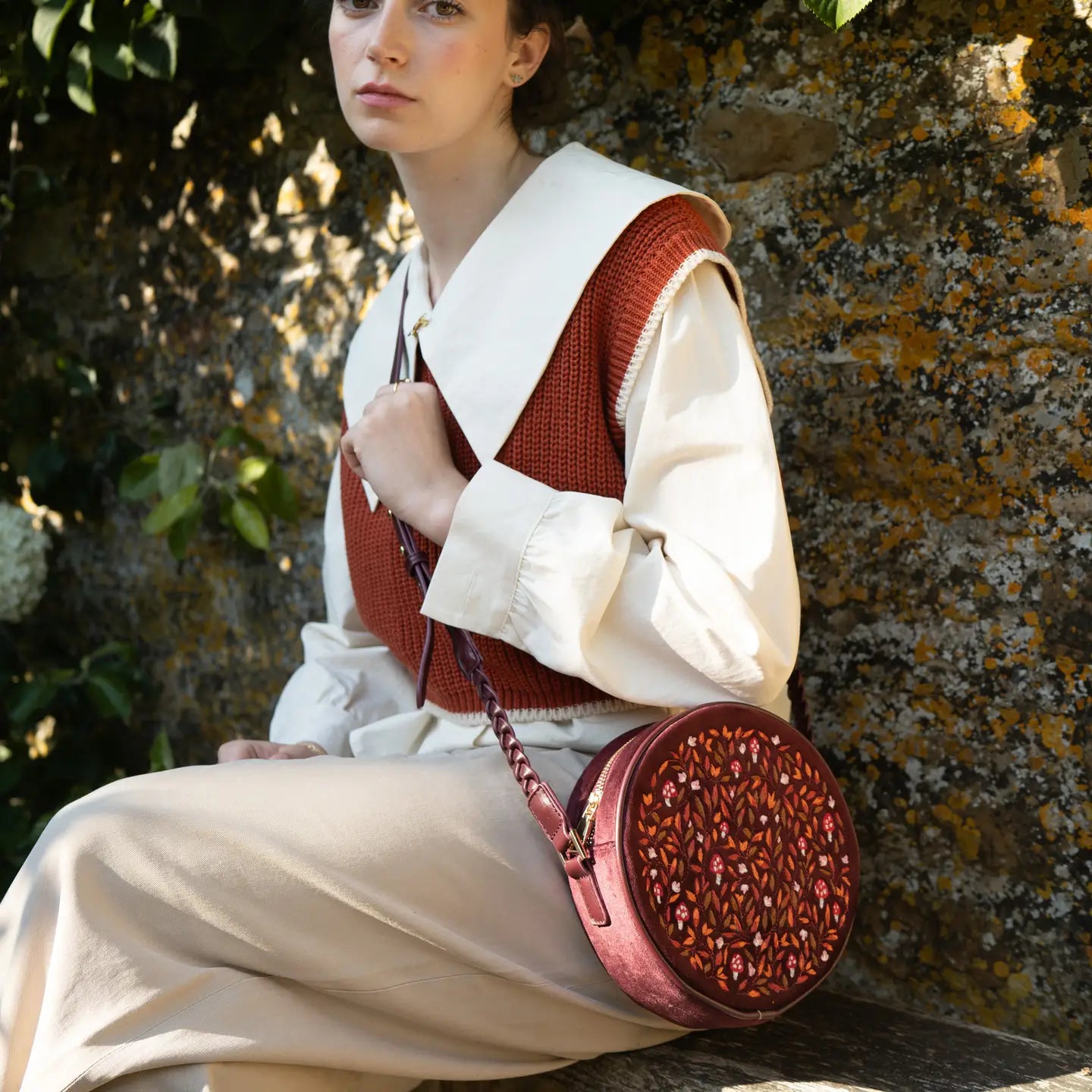 Fable Magical Mushroom Embroidered Burgundy Circle Purse