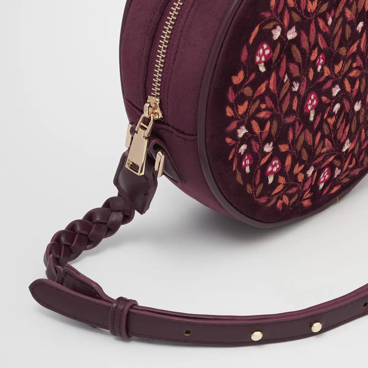 Fable Magical Mushroom Embroidered Burgundy Circle Purse
